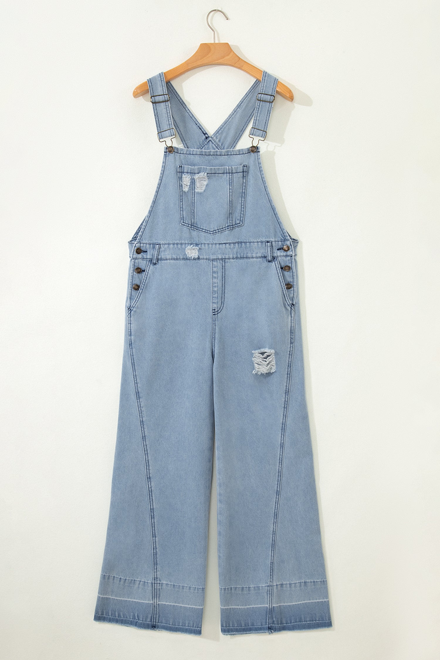 *Mist Blue Retro Distressed Button Adjustable Straps Denim Overall Jumpsuit