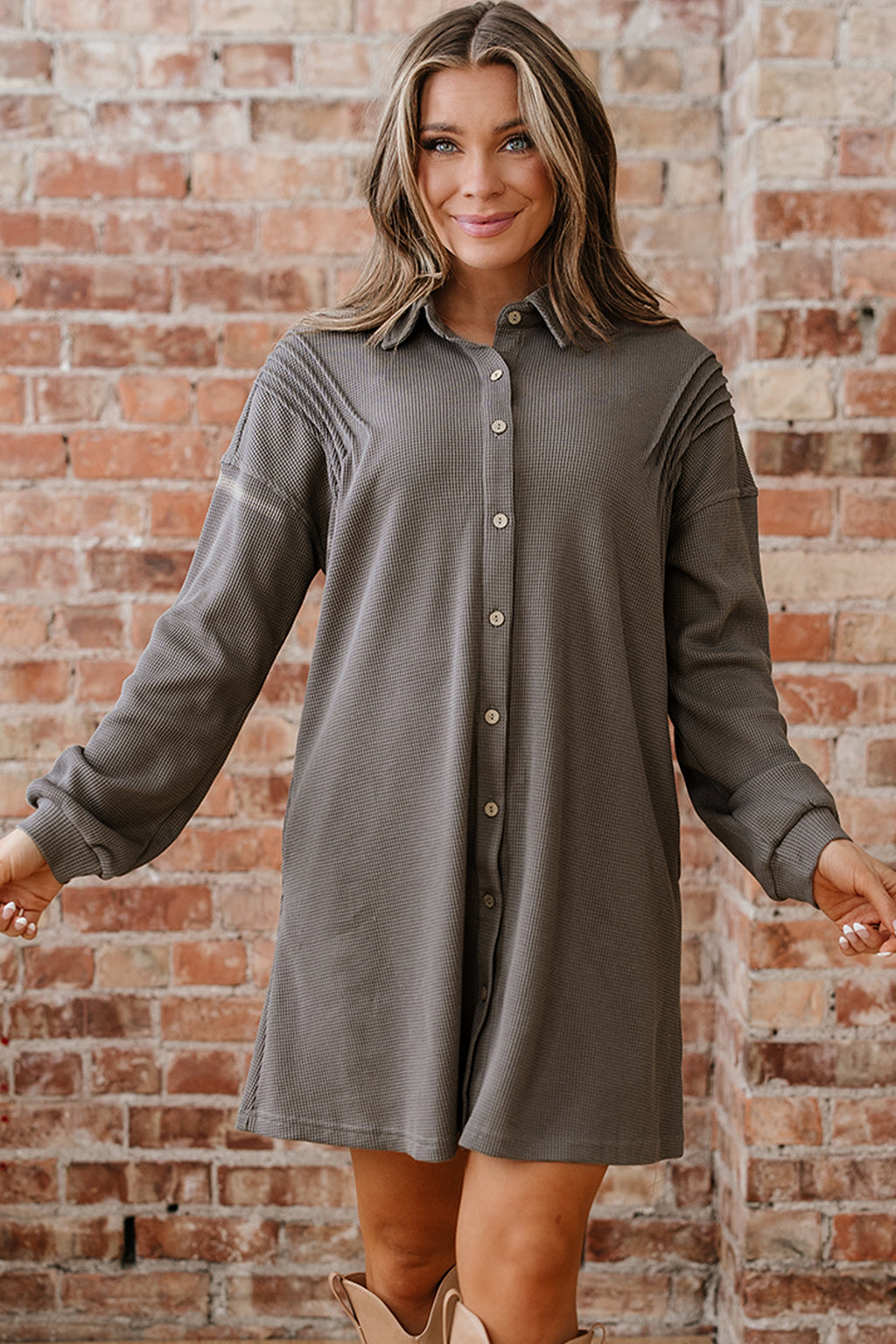 *Simply Taupe Waffle Knit Shirt Tunic Dress