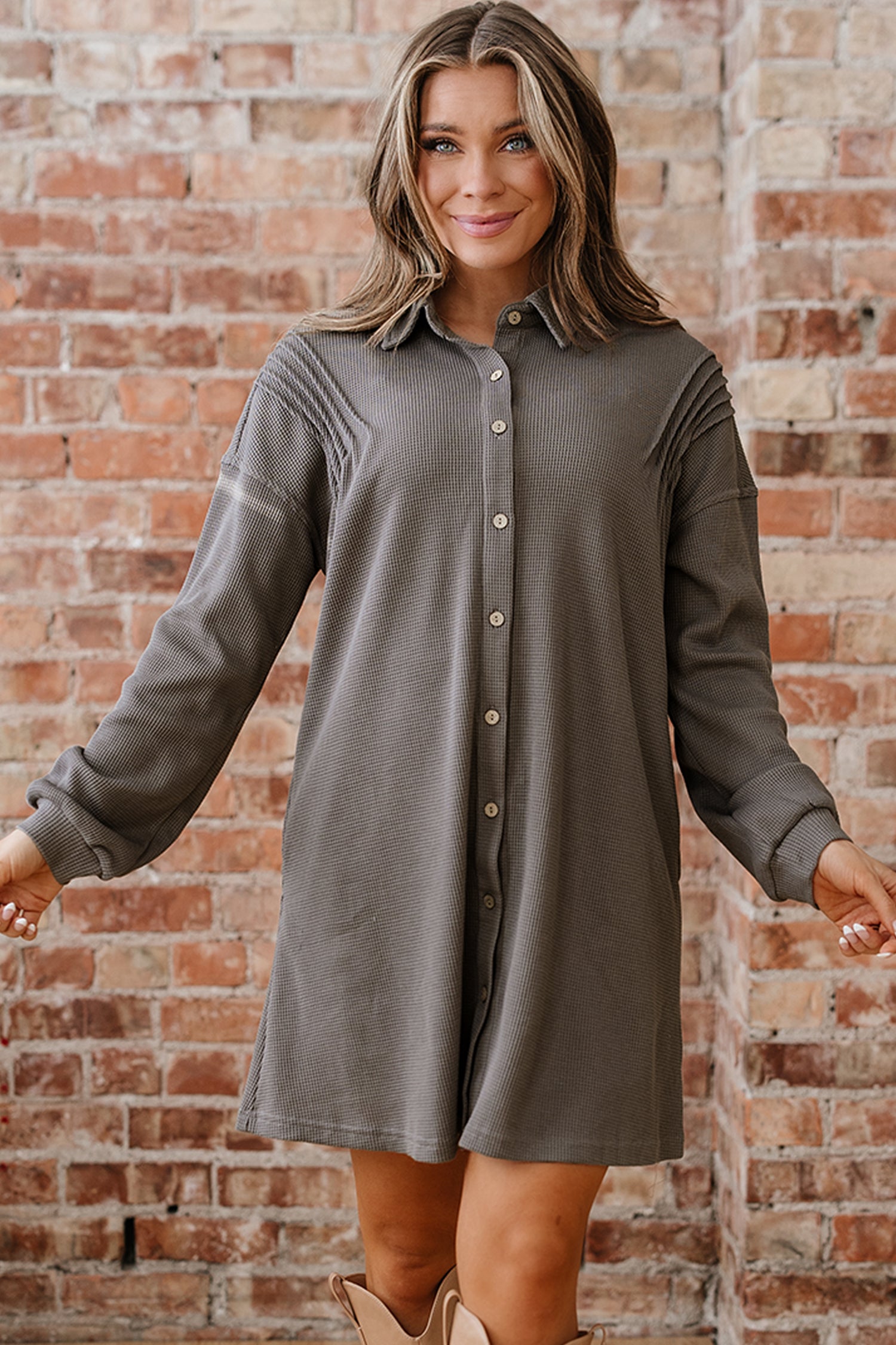 *Simply Taupe Waffle Knit Shirt Tunic Dress