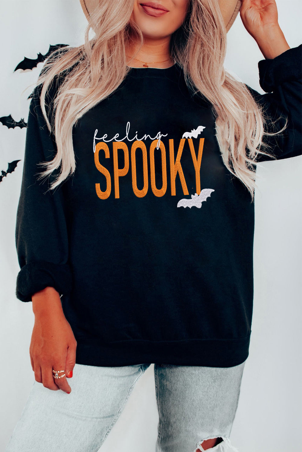 *Black Feeling Spooky Halloween Embroidered Graphic Baggy Sweatshirt