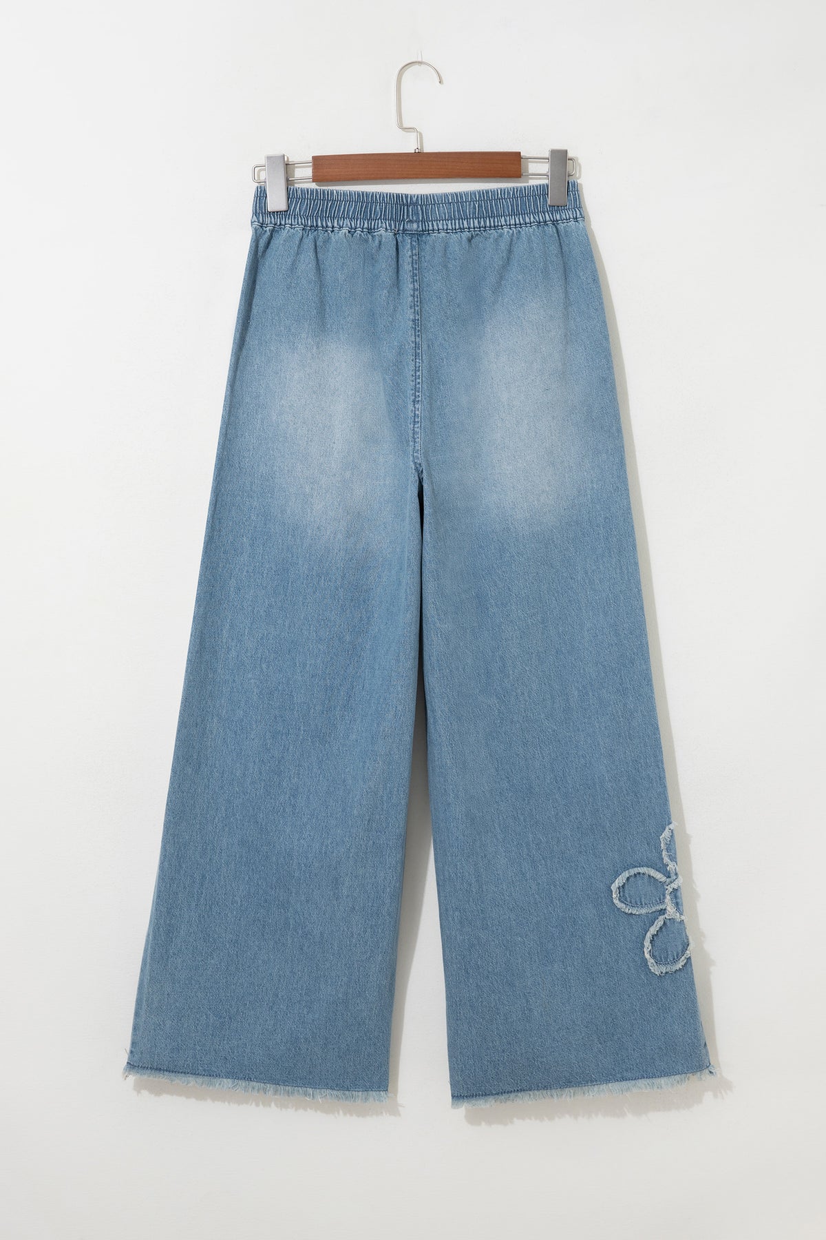 *Beau Blue Frayed Floral Patch Wide Leg Raw Hem Wide Leg Jeans