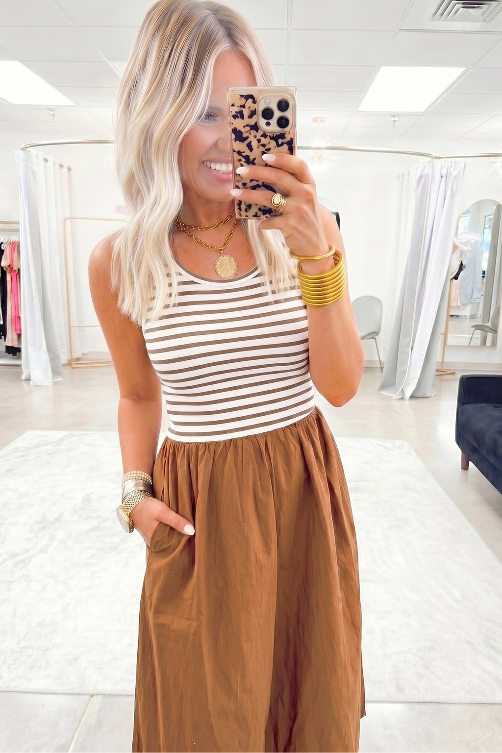 *Chestnut Striped Colorblock Patchwork Sleeveless Casual Long Dress