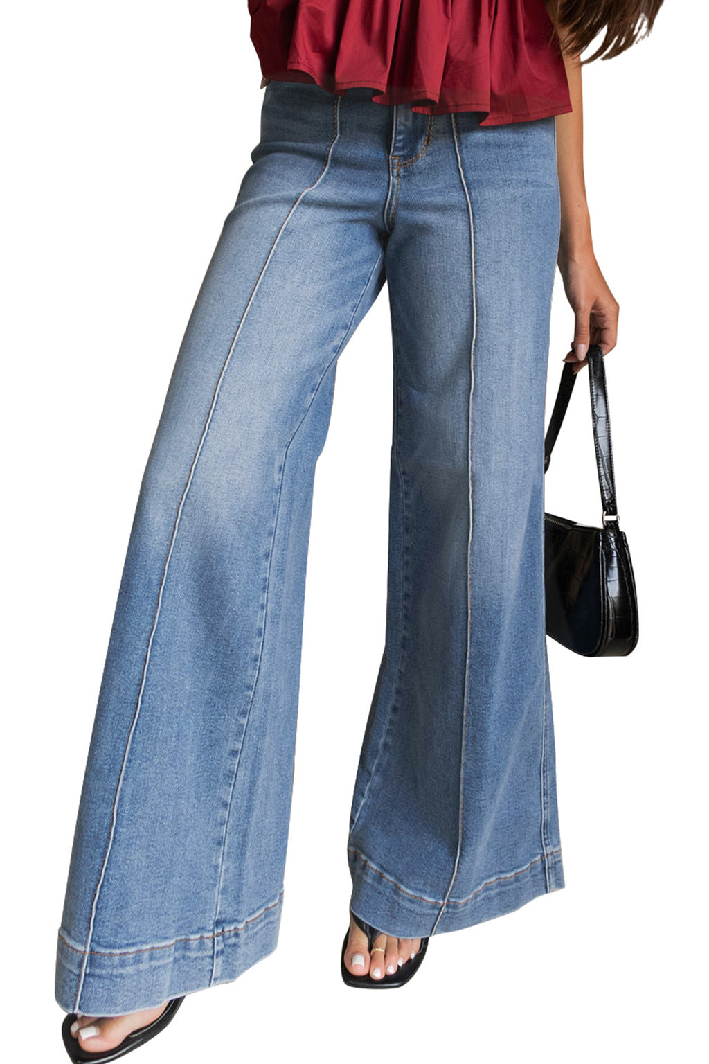 *Dusk Blue Piping Seam Detail Flare Leg Pocket Jeans
