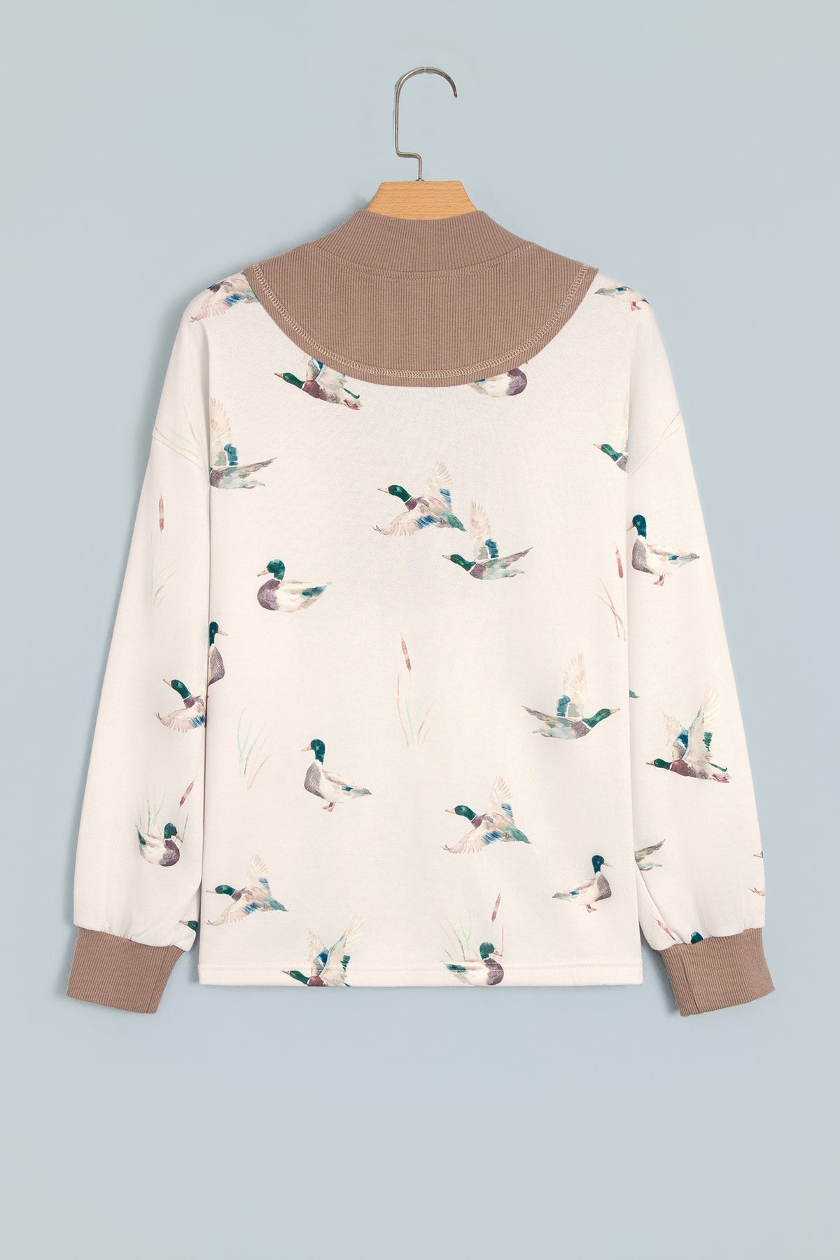 *Beige Wild Mallard Print Color Block Patchwork Zip Neck Tunic Top