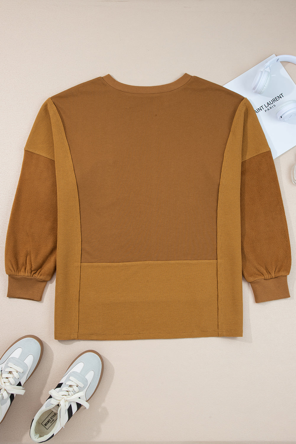 *Multicolor Oversized Mixed Textured Split Neck High Low Patchwork Sweatshirt