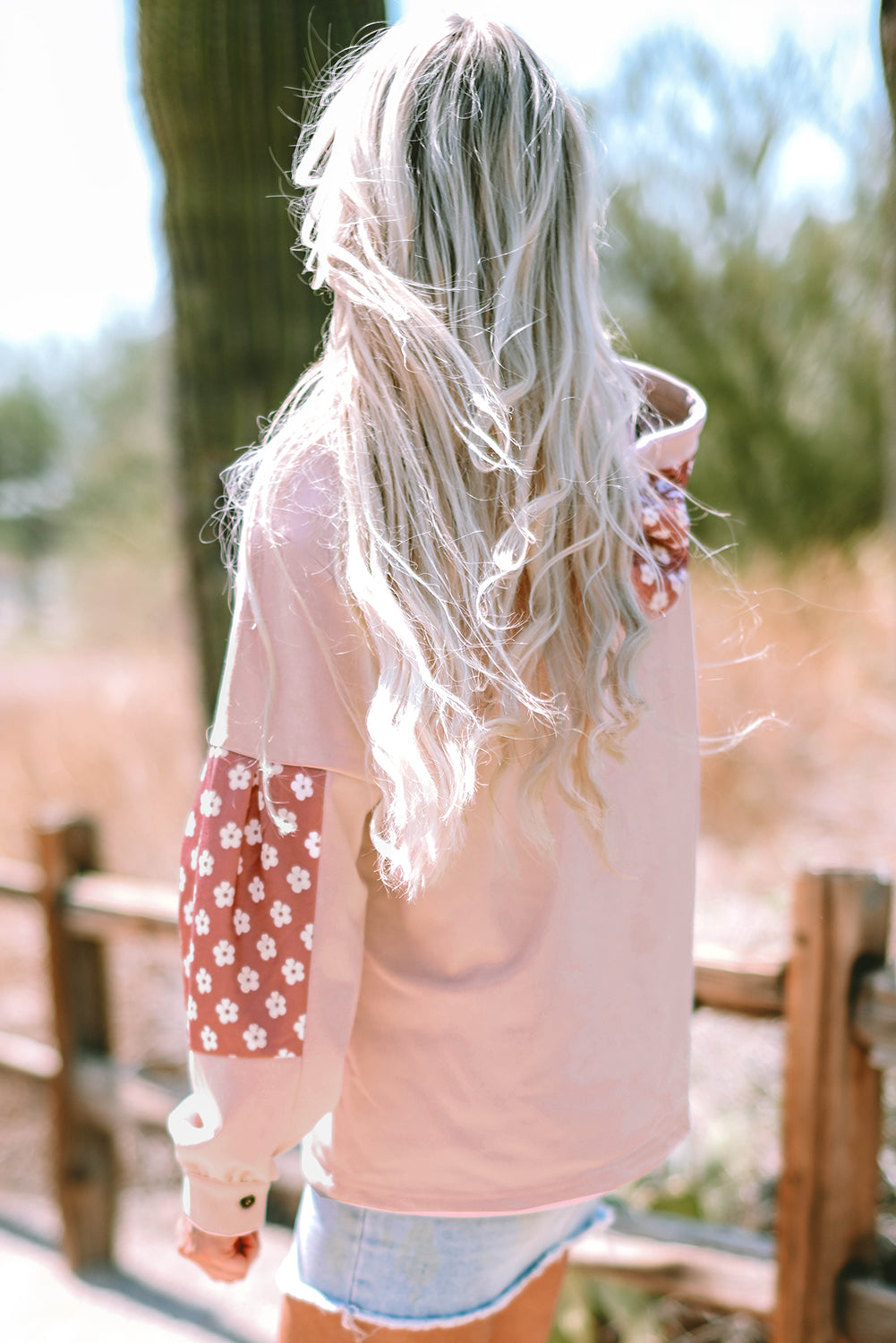 *Apricot Floral Patchwork Star Pattern Drawstring Hoodie