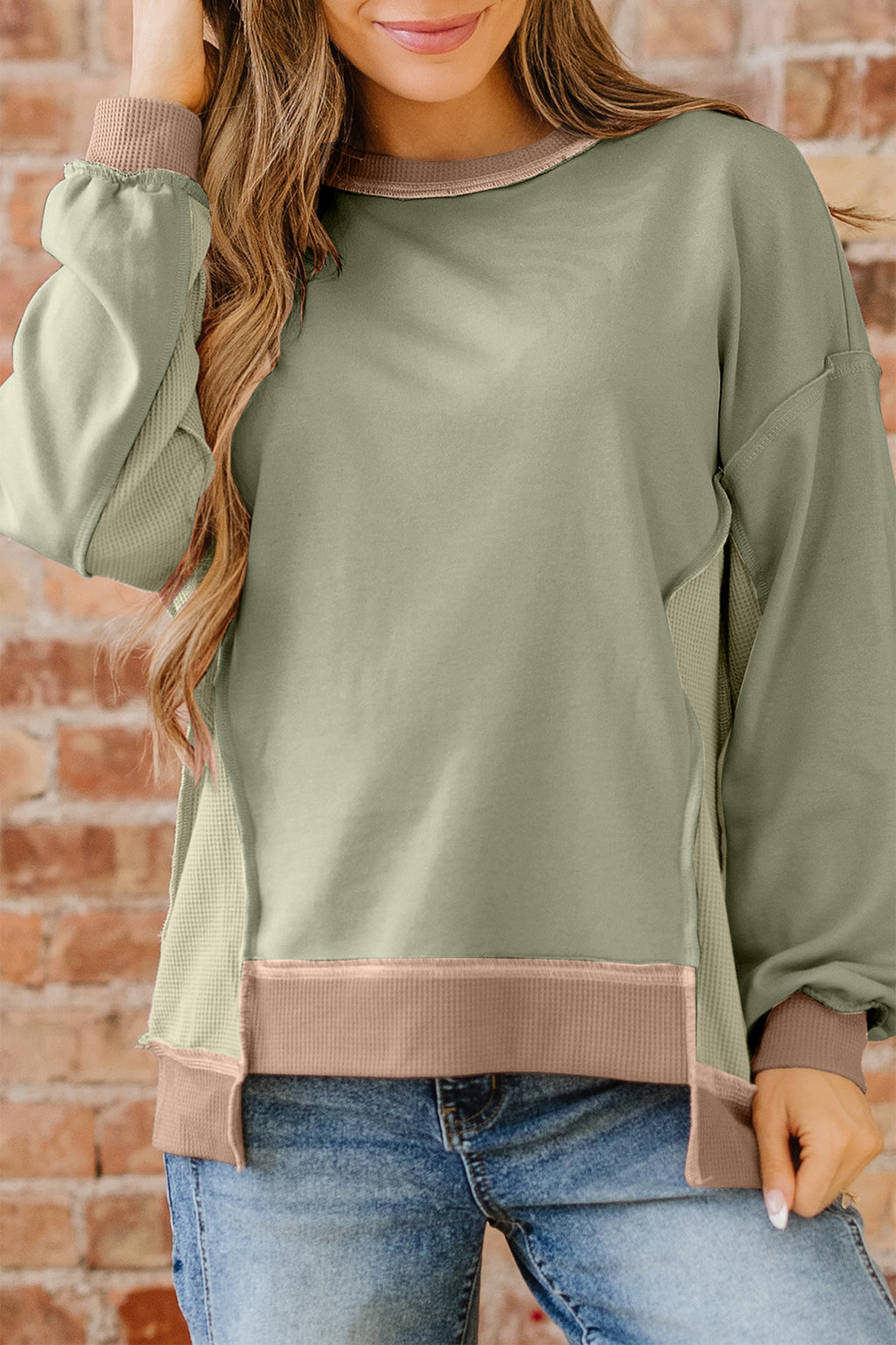 *Light Pink Color Block Mix Texture Waffle Patchwork Oversize Sweatshirt