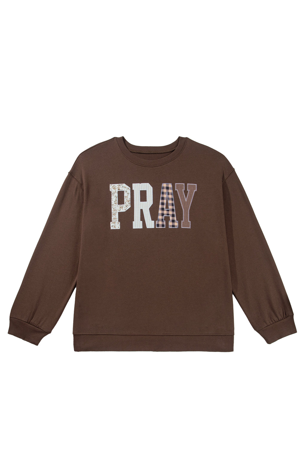 *Coffee PRAY Letter Patchwork Round Neck Long Sleeve Plus Size Sweatshirt