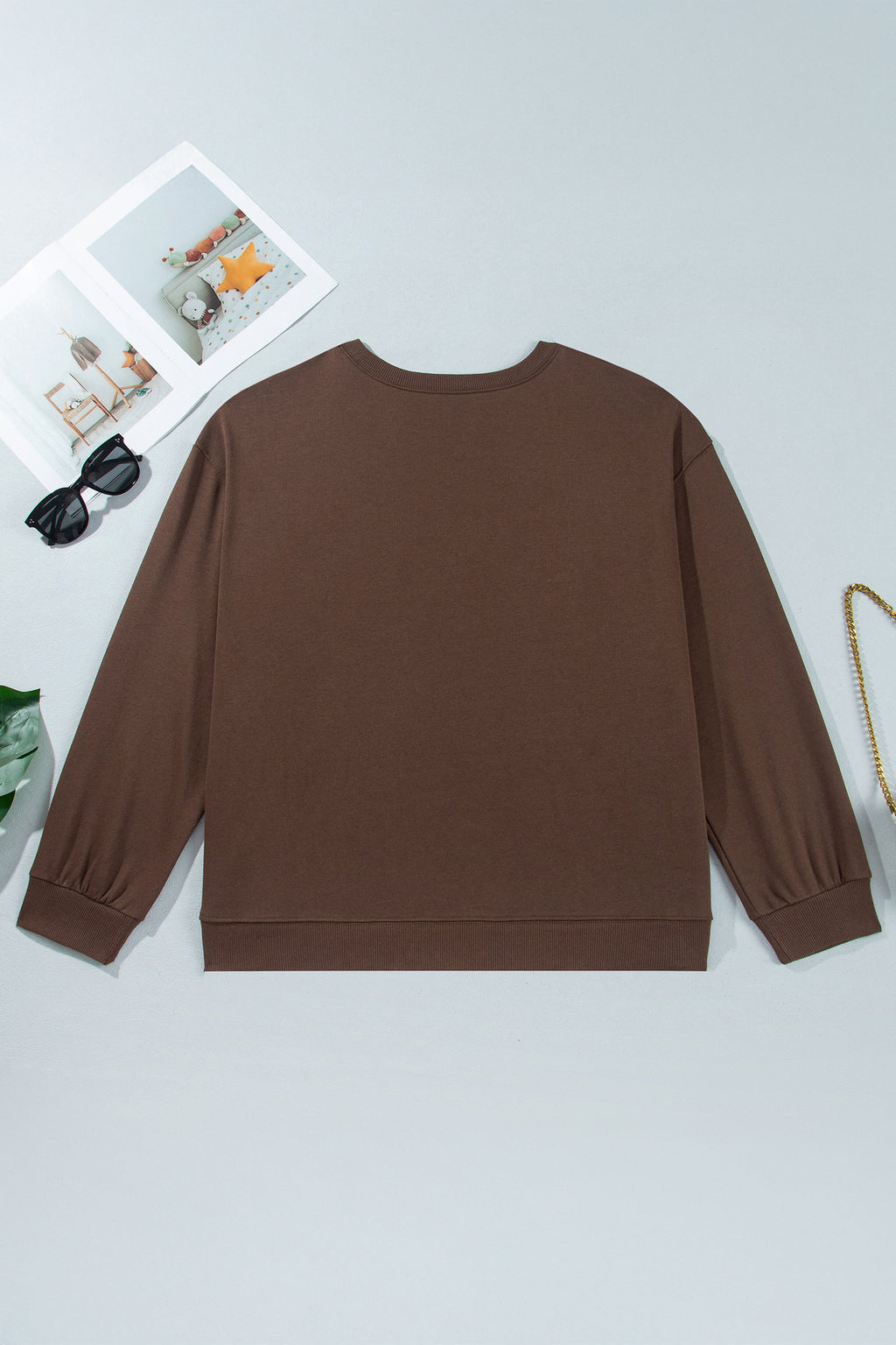 *Coffee PRAY Letter Patchwork Round Neck Long Sleeve Plus Size Sweatshirt
