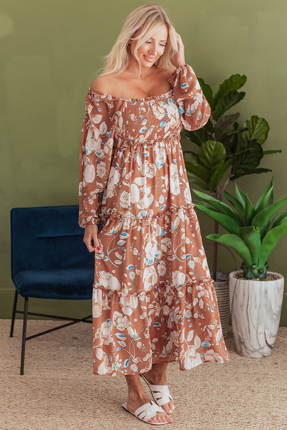*Brown Floral Print Shirred Square Neck High Waist Maxi Dress