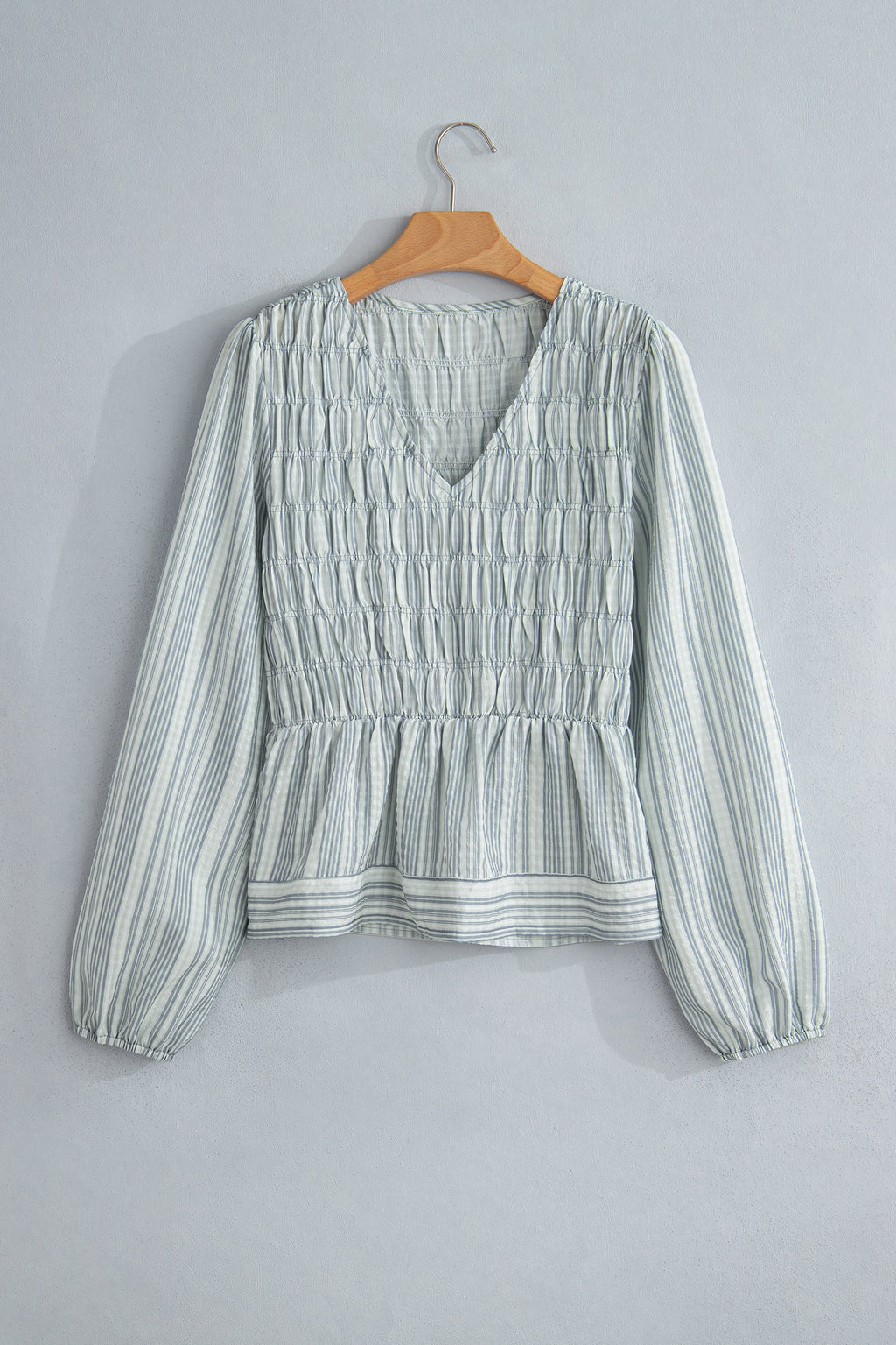 *Blue Stripe V Neck Shirred Long Sleeve Blouse