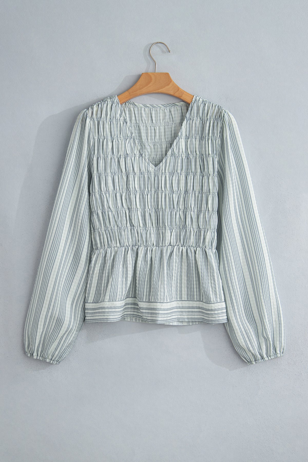 *Blue Stripe V Neck Shirred Long Sleeve Blouse