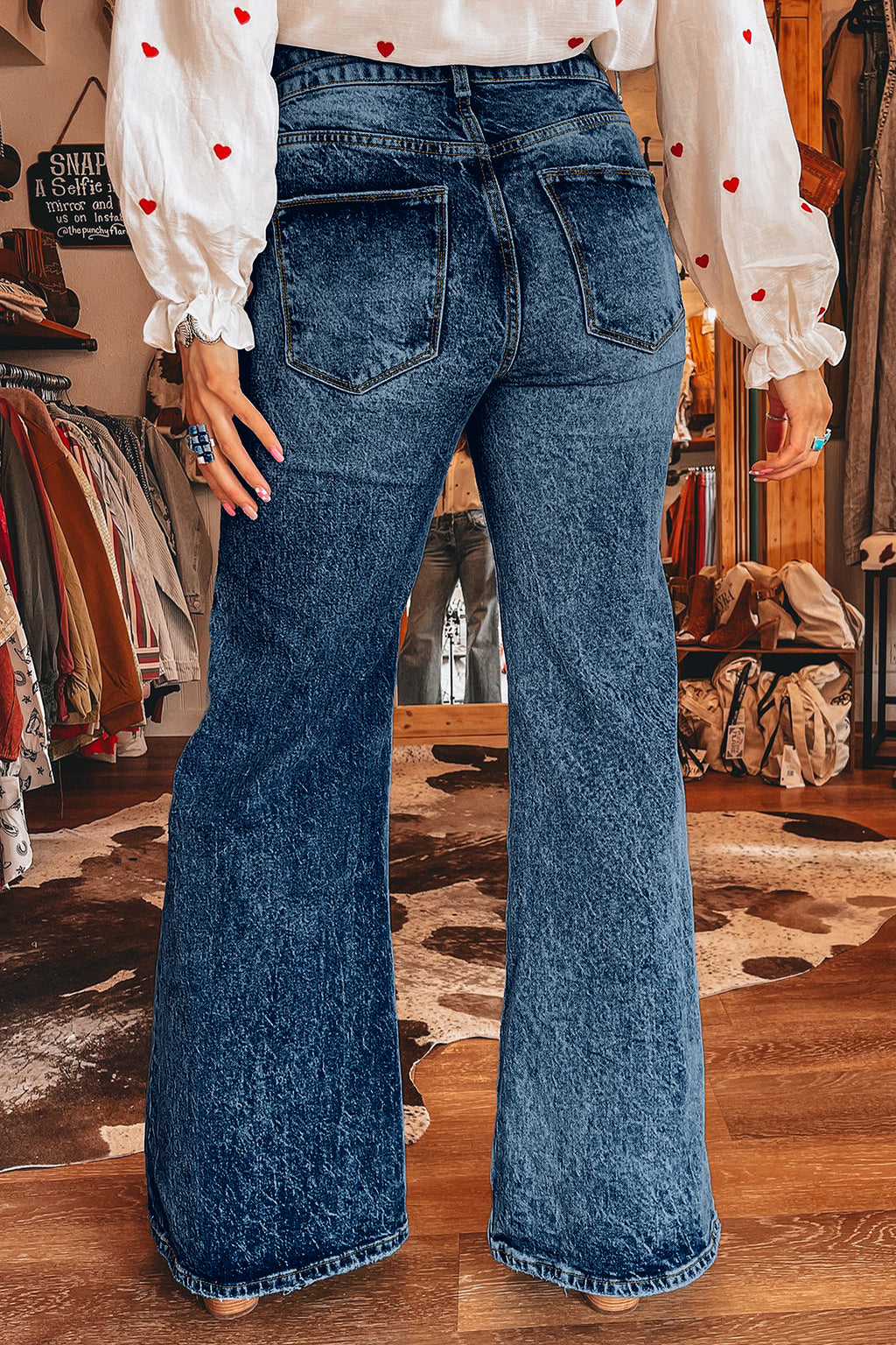 *Sail Blue Acid Wash Pocket Detail Flare Jeans