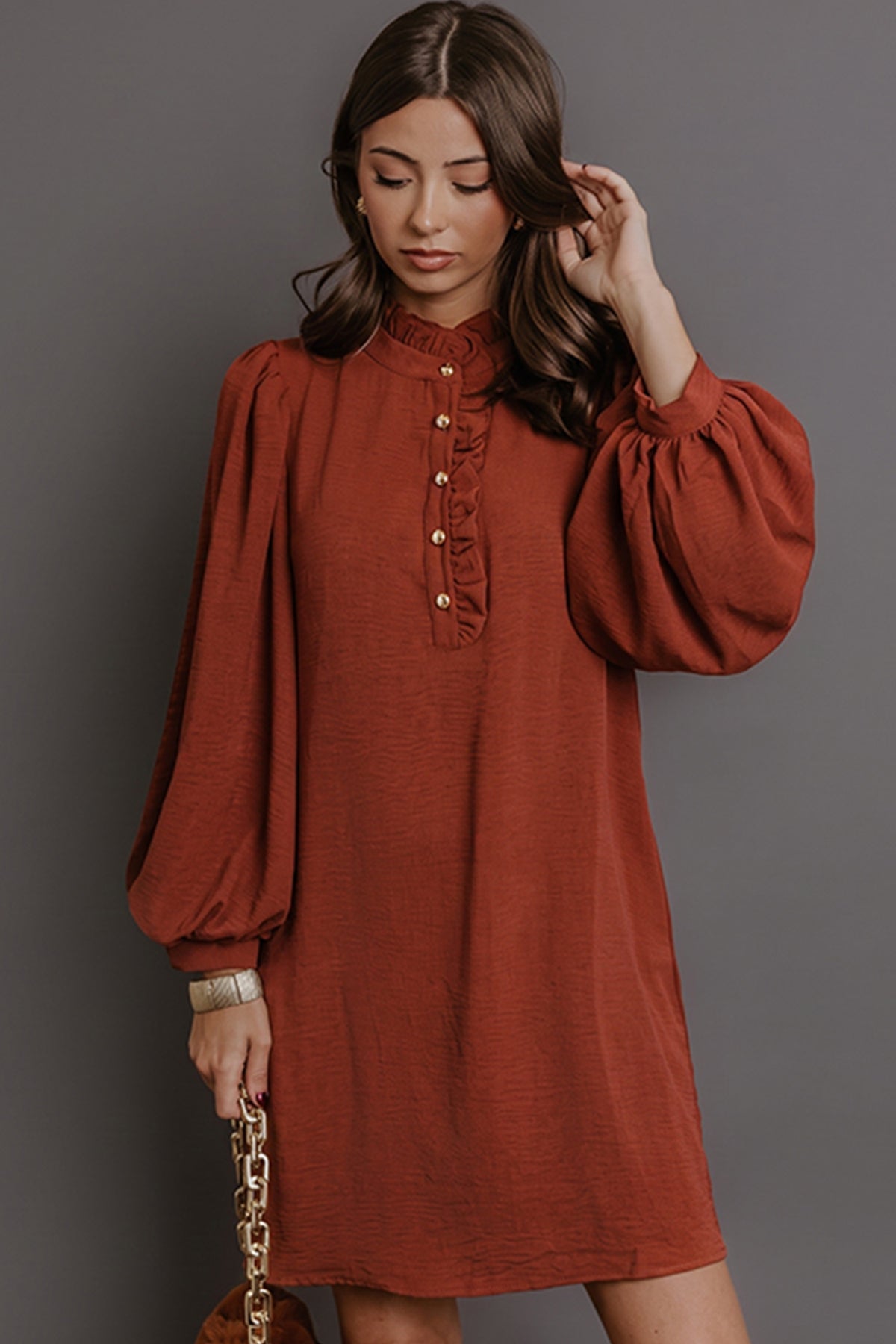 *Coffee Solid Shift Long Sleeve Short Length One Piece Dress