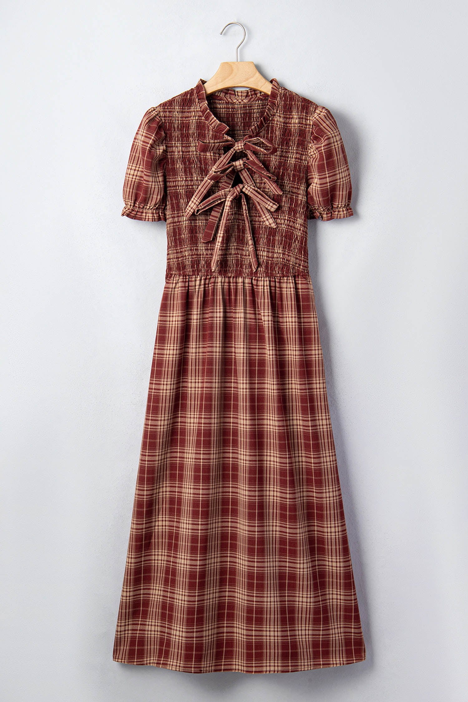 *Red Vintage Plaid Knot Front Smocked High Waist Midi Dress