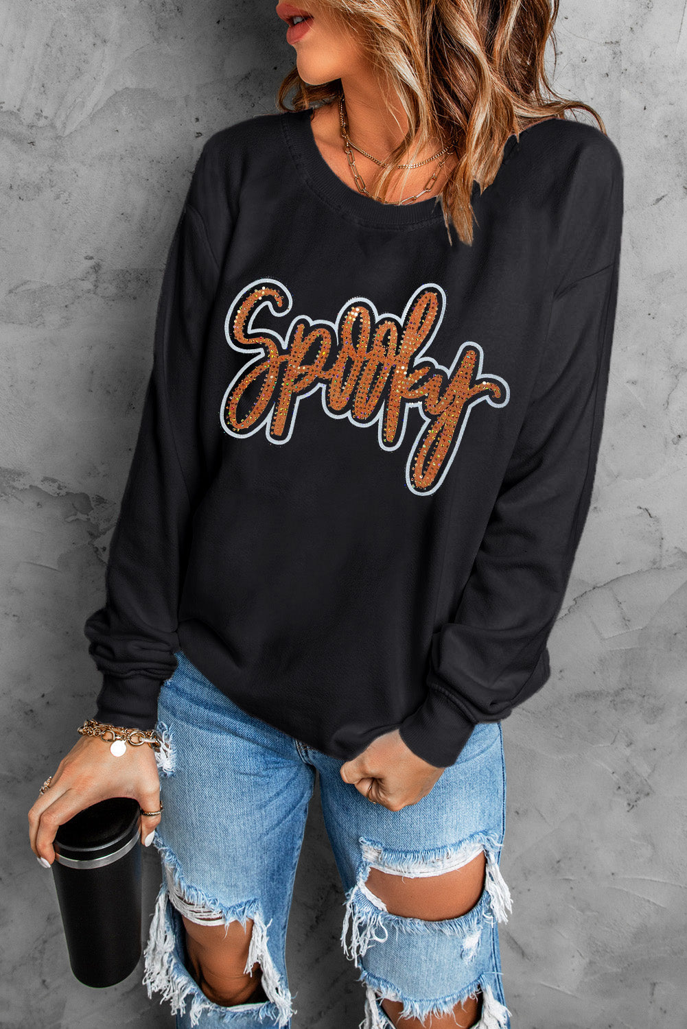 *Black Spooky Rhinestone Drop Shoulder Graphic Sweatshirt