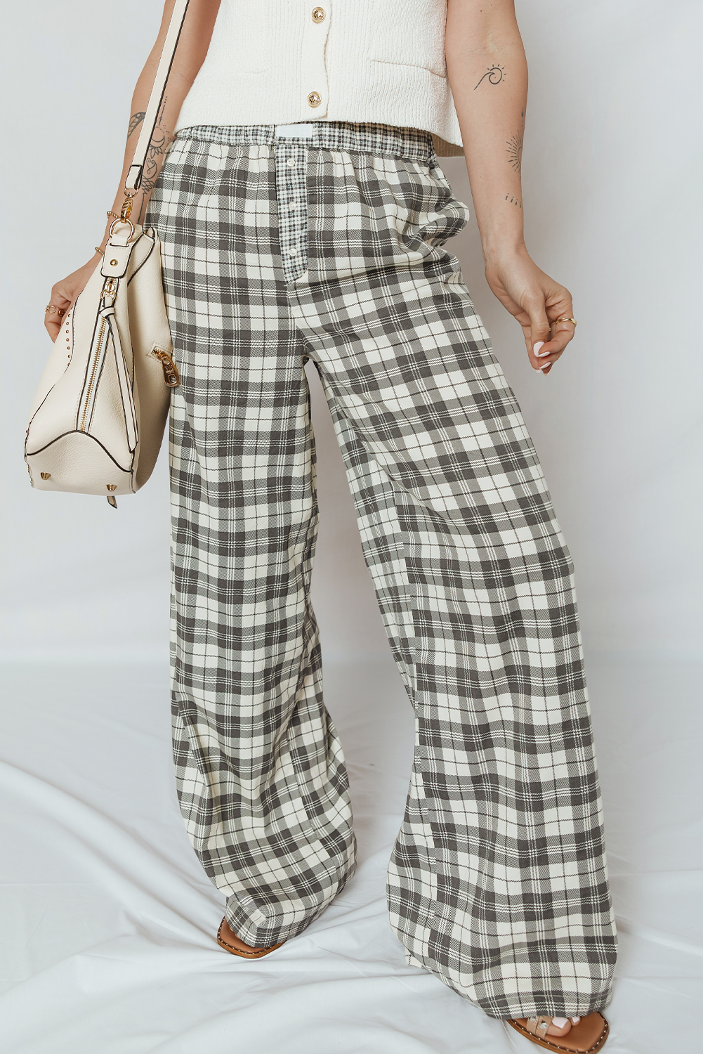 *Gray Plaid Wide Leg Casual Pants