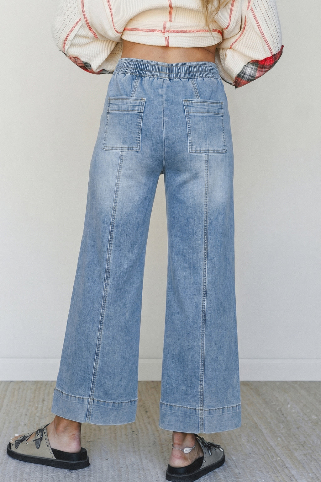 *Beau Blue Drawstring Waist Wide Leg Ankle Length Jeans