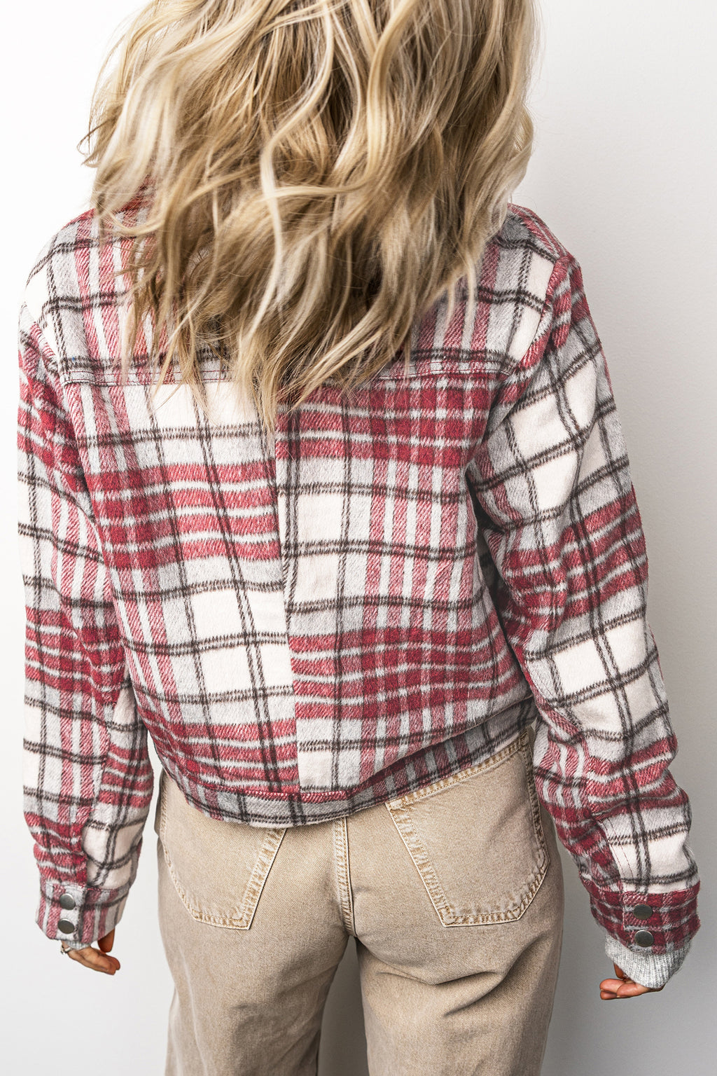 *Red Plaid Flannel Metal Button Collar Long Sleeve Vintage Shift Jacket