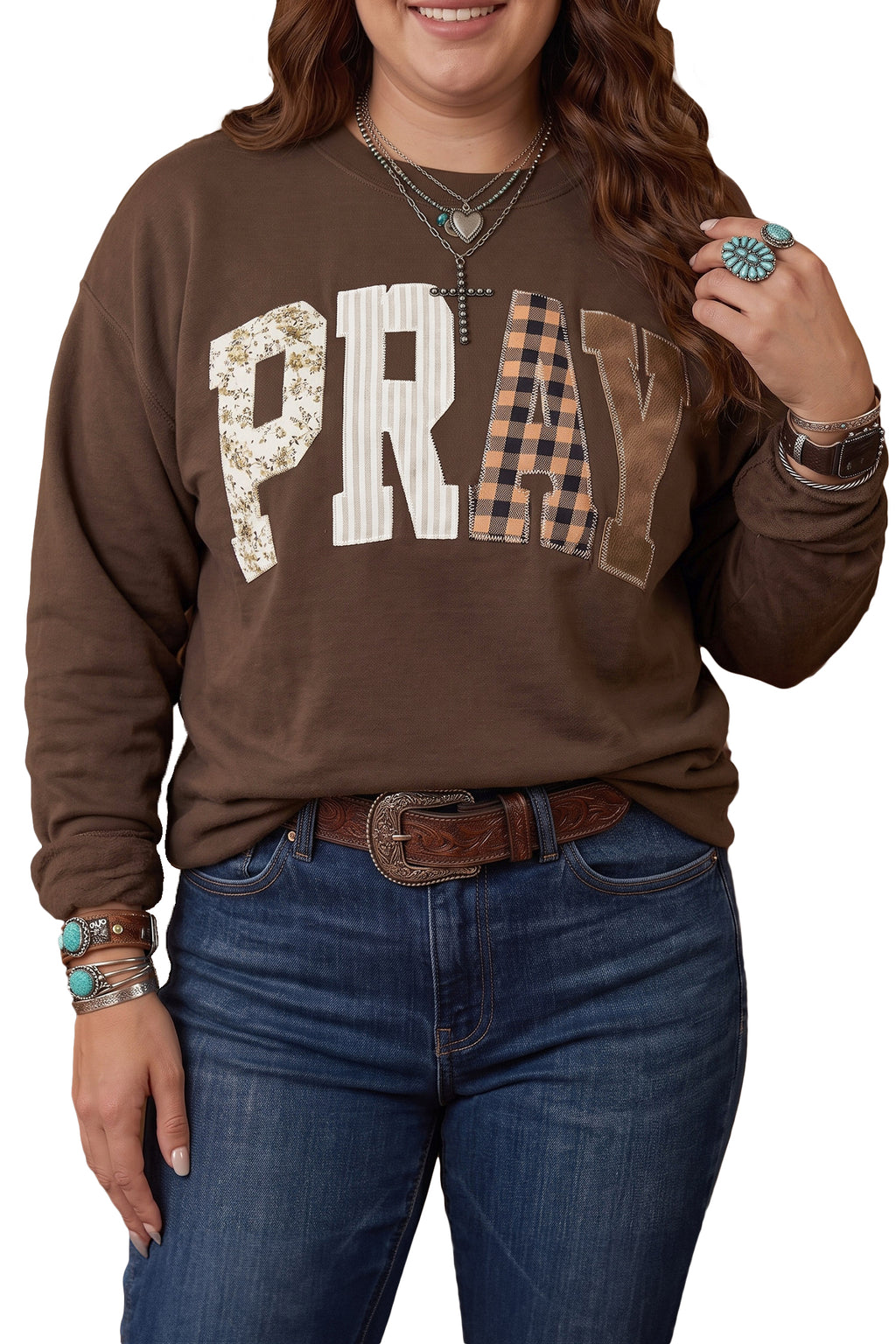 *Coffee PRAY Letter Patchwork Round Neck Long Sleeve Plus Size Sweatshirt