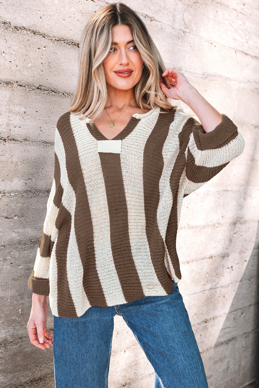 *Brown Stripe Colorblock V Neck Bracelet Sleeve Sweater