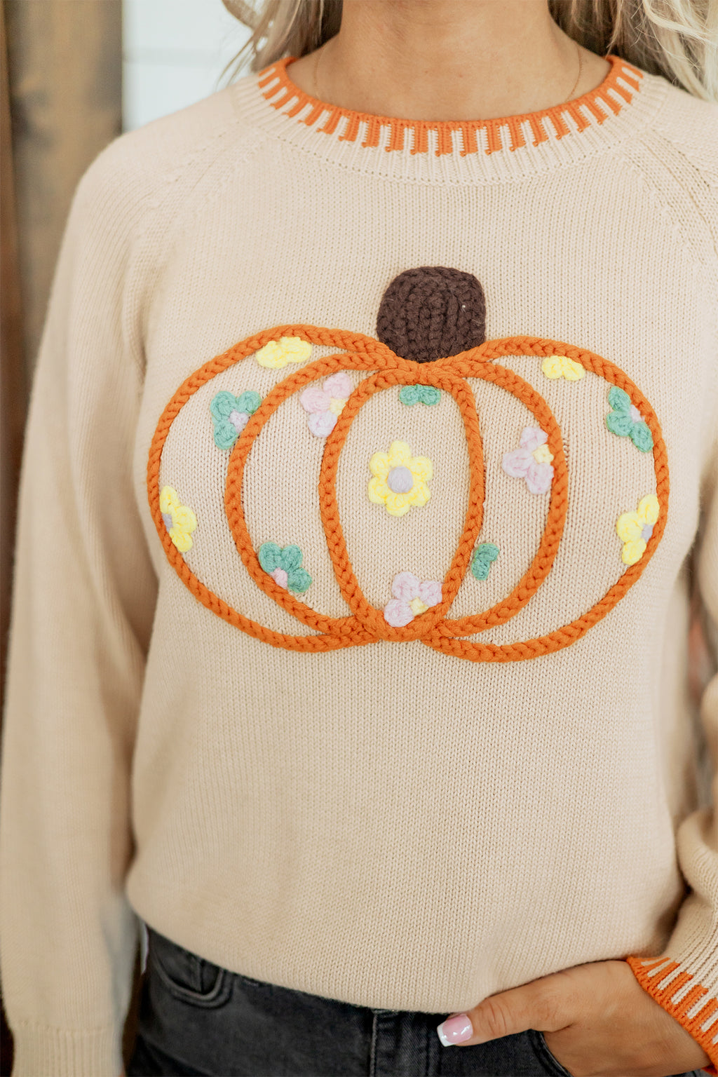 *Parchment Floral Embroidery Pumpkin Long Sleeve Round Neck Sweater
