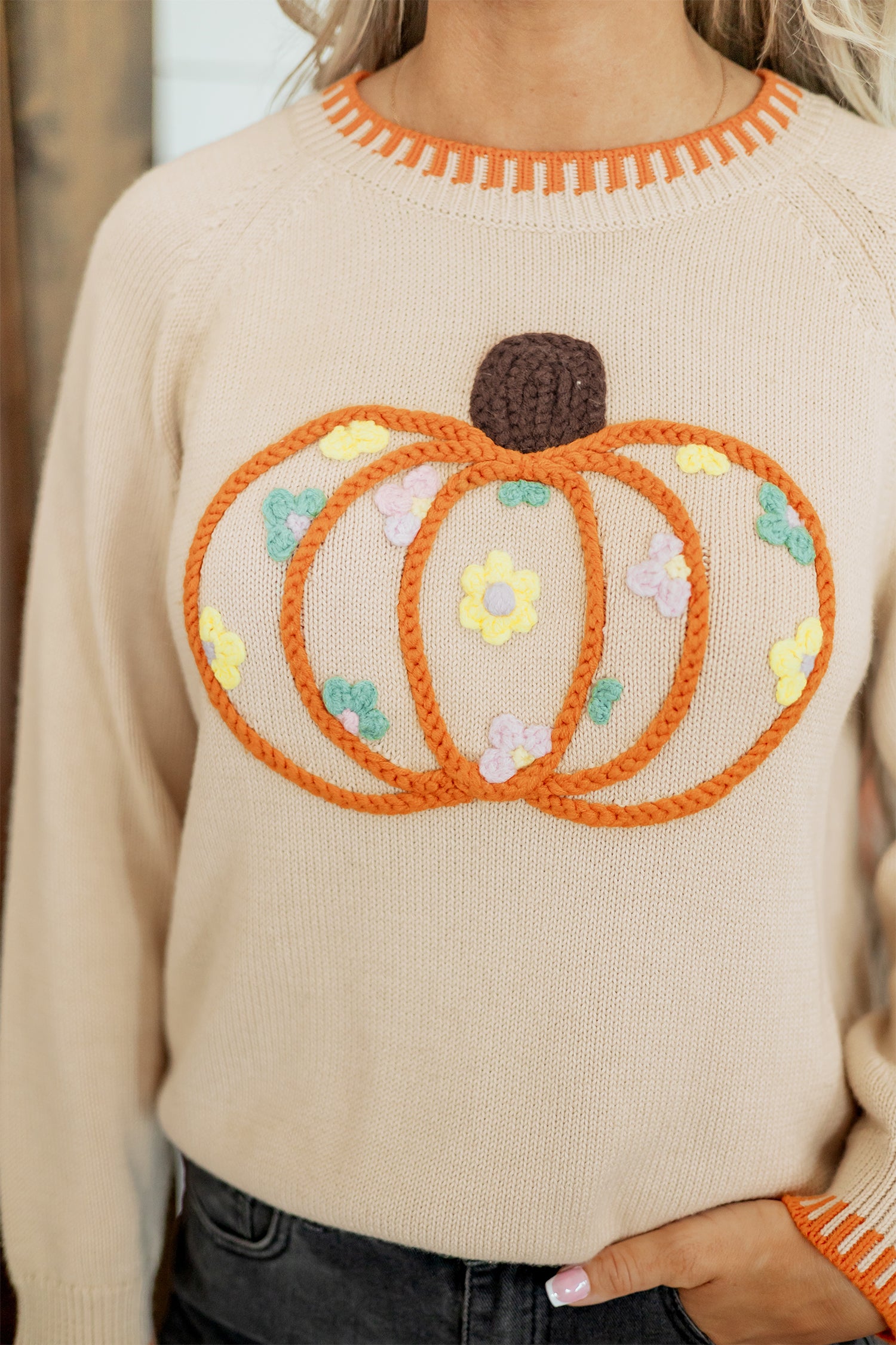 *Parchment Floral Embroidery Pumpkin Long Sleeve Round Neck Sweater