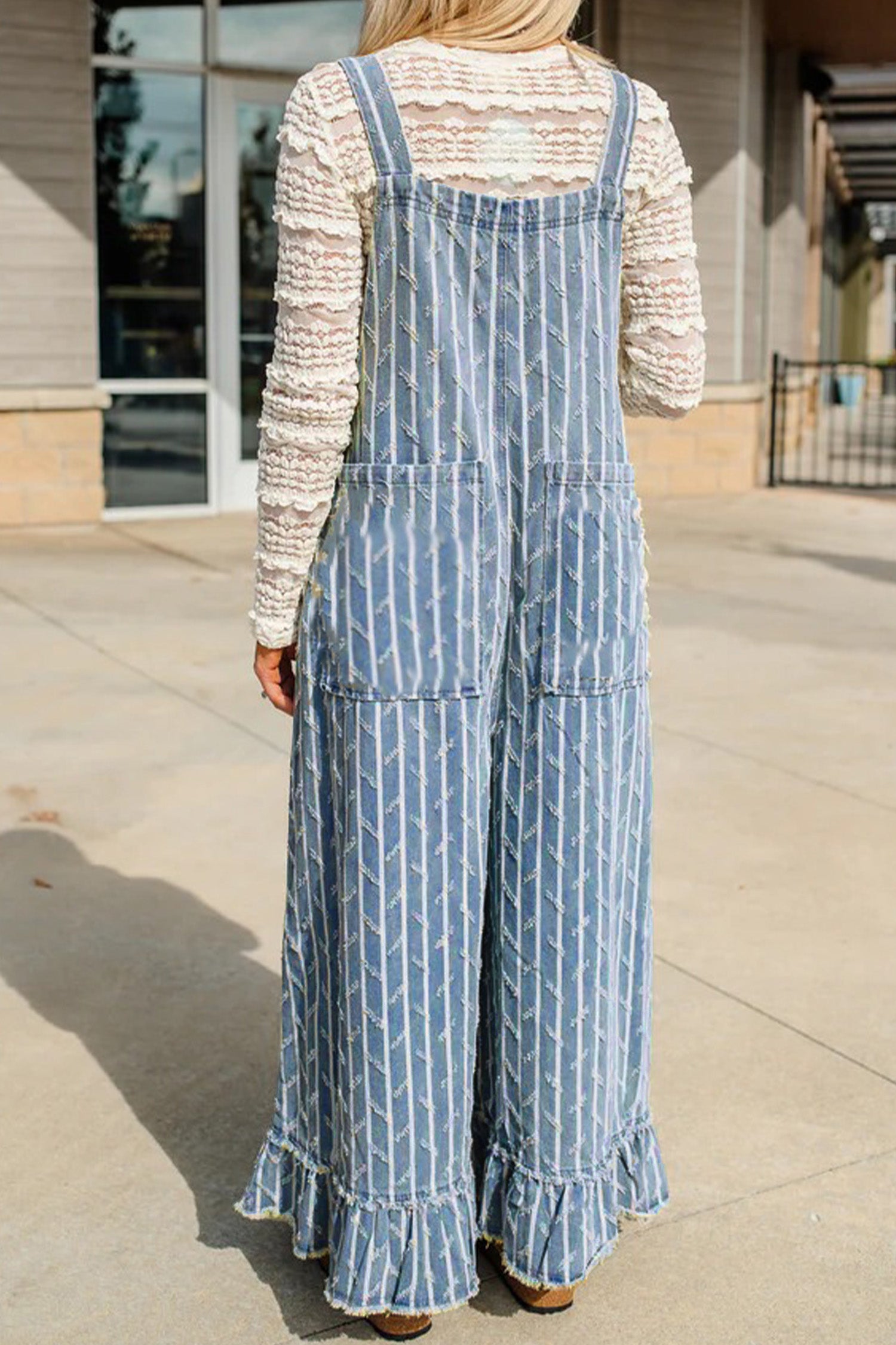 *Myosotis Striped Distressed Ruffled Wide Leg Denim Overalls