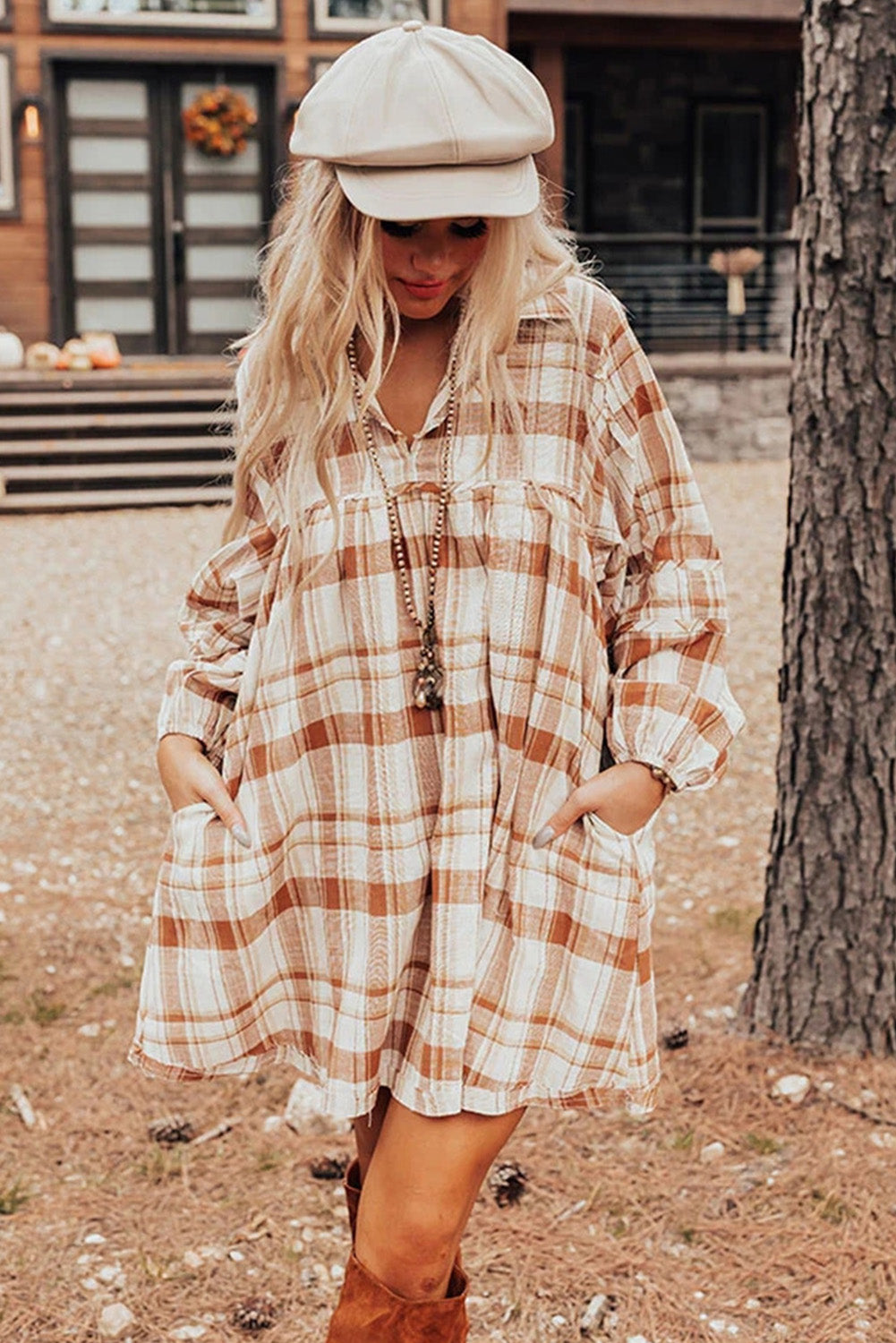*Brown Plaid Print Side Pockets Frilled Babydoll Mini Dress
