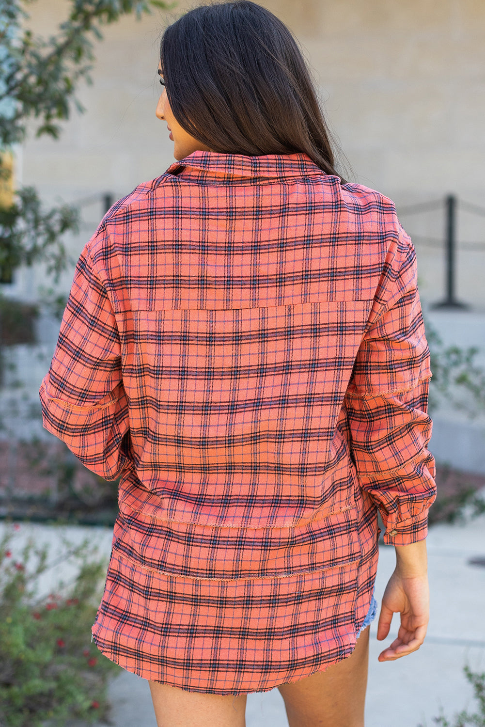 *Green Plaid Long Sleeeve Side Split Distressed Hem Shirt