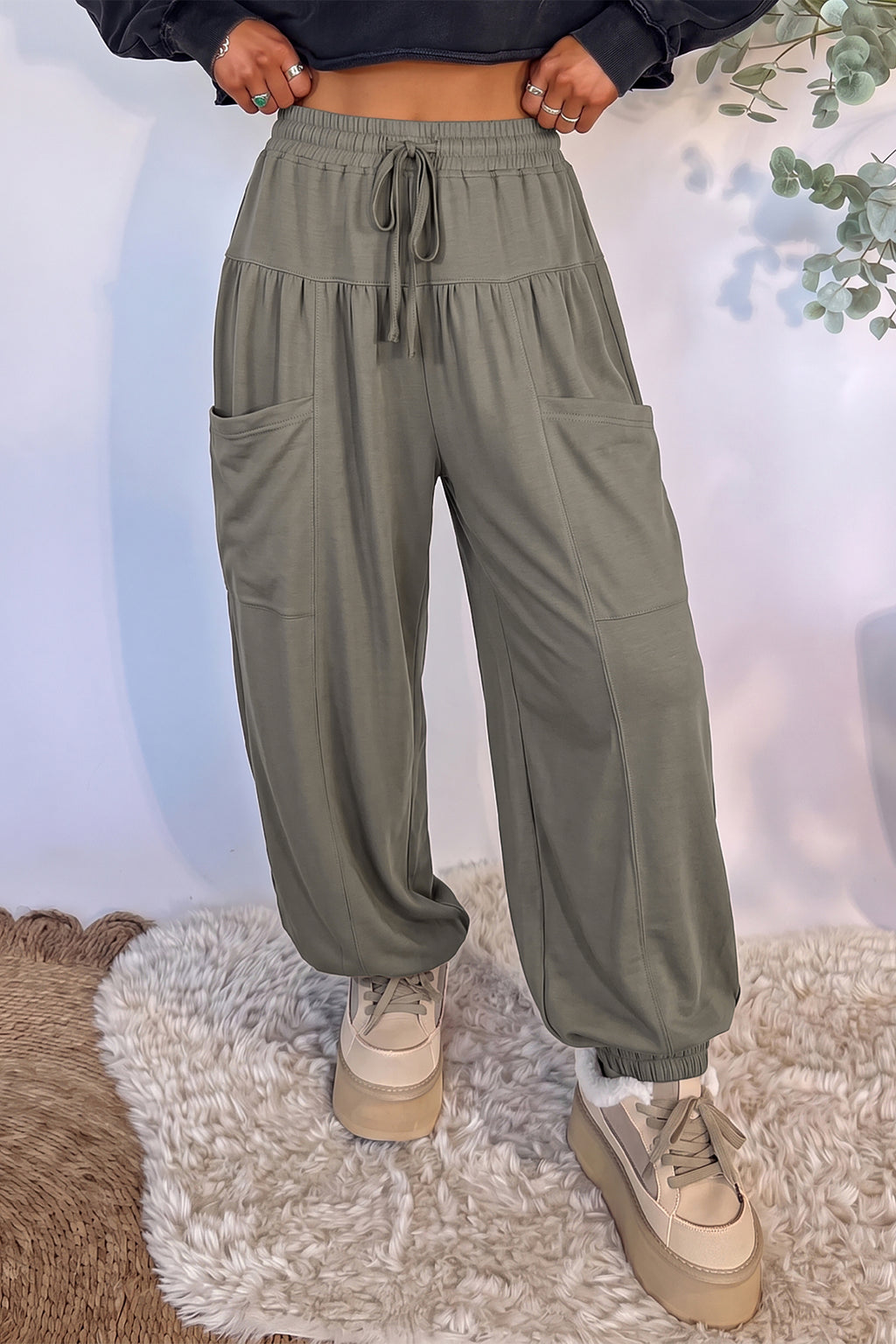 *Seagrass Elastic Waist Drawstring Wide Leg Full Length Pants