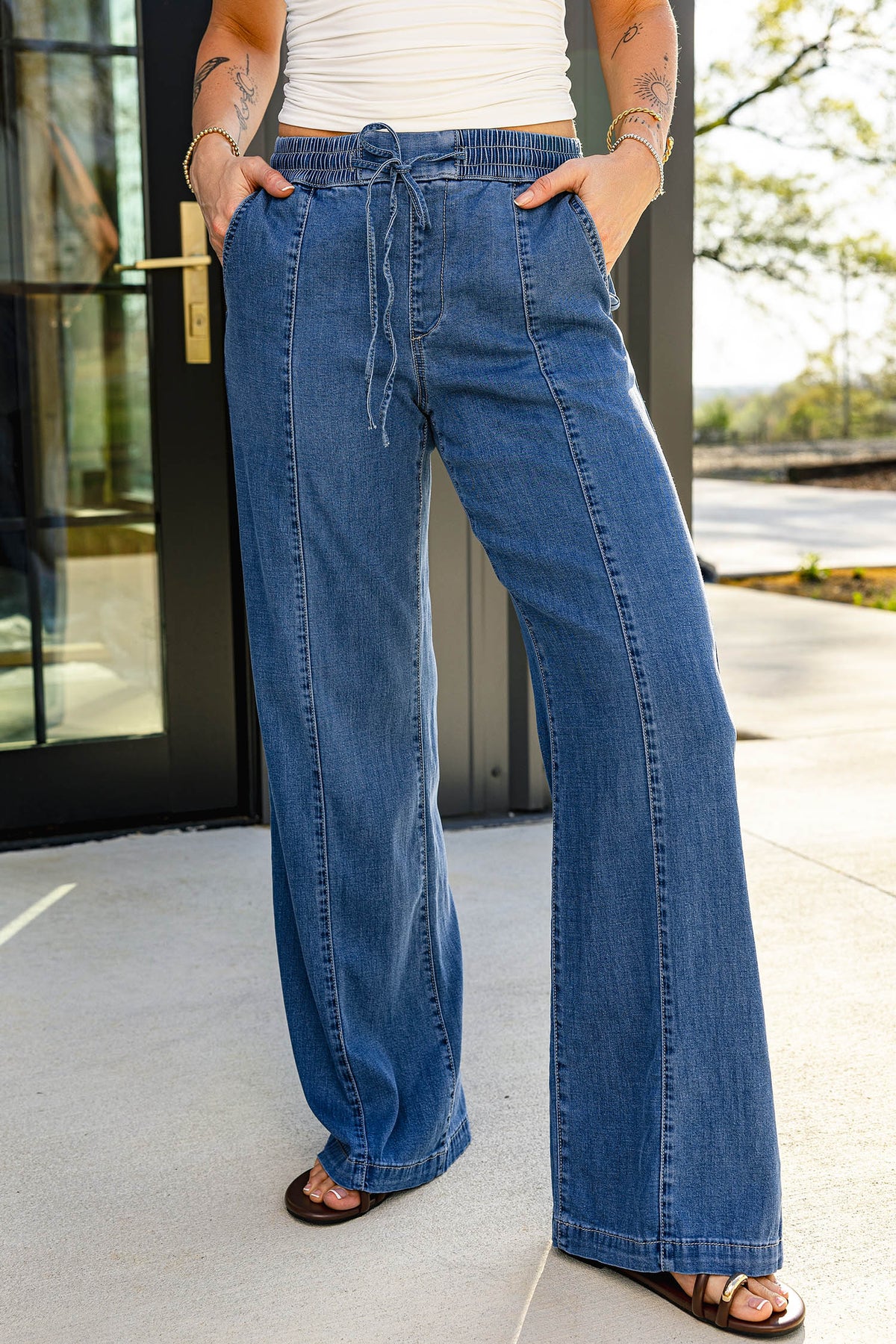*Ashleigh Blue Drawstring Waist Wide Leg Jeans