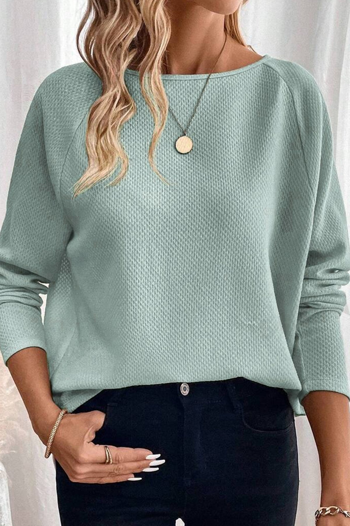 *Moonlight Jade Textured Raglan Sleeve Knit Loose Top