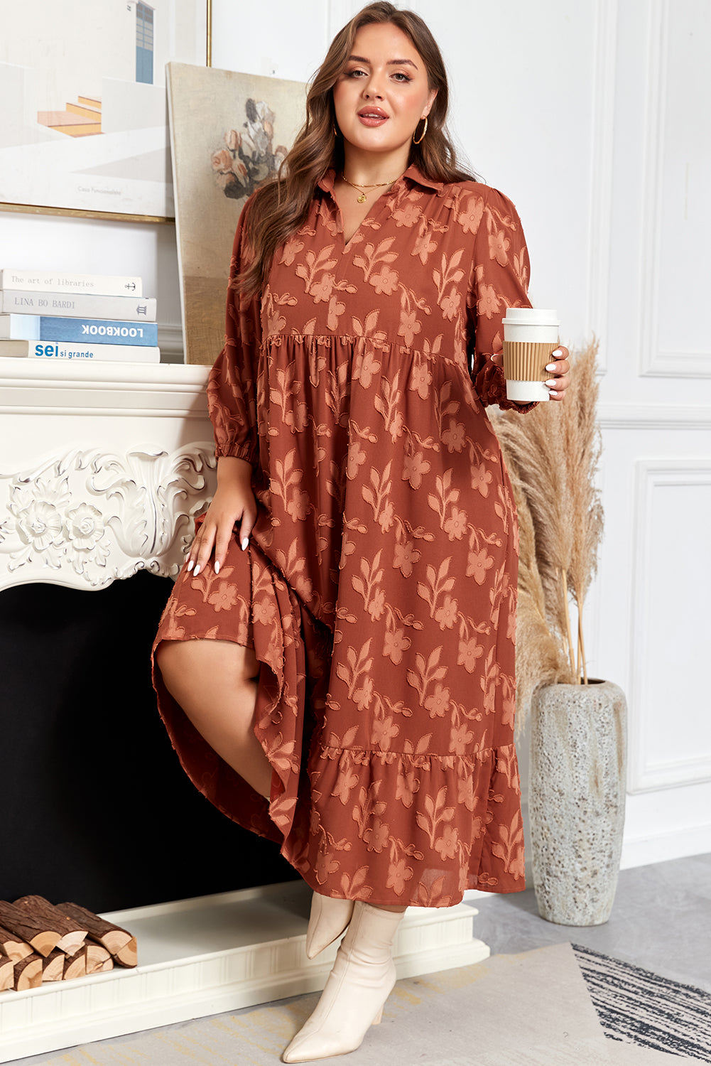 *Cinnamon Plus Size Textured 3D Flower Pattern Ruffle Hem 3/4 Sleeve Long Dress