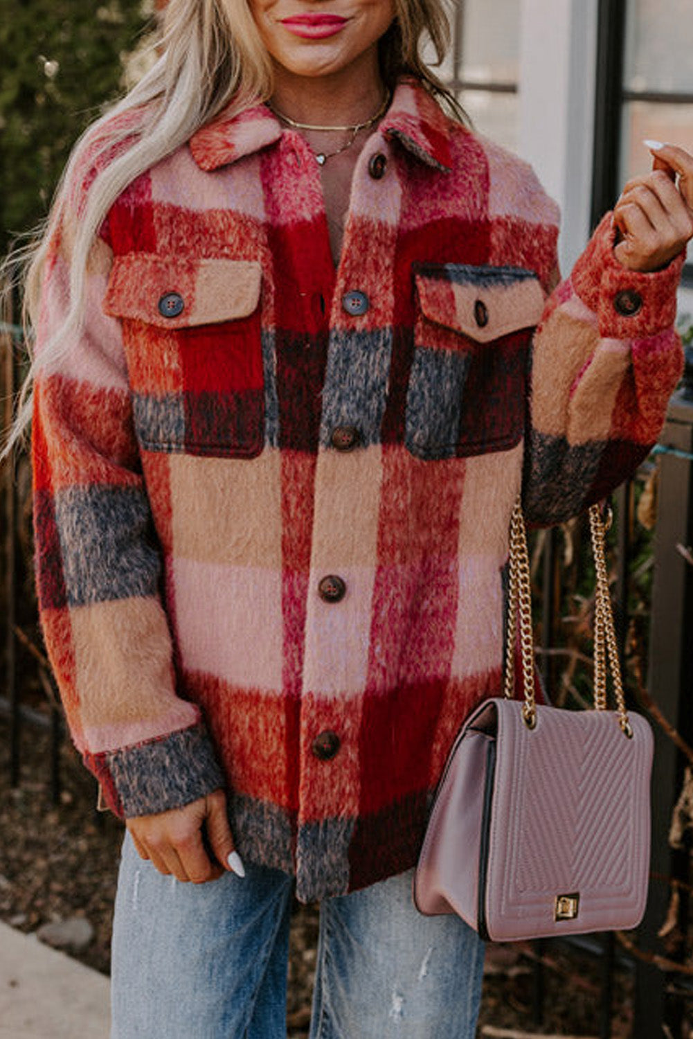 *Orange Plaid Print Flap Pockets Buttoned Casual Plus Size Jacket