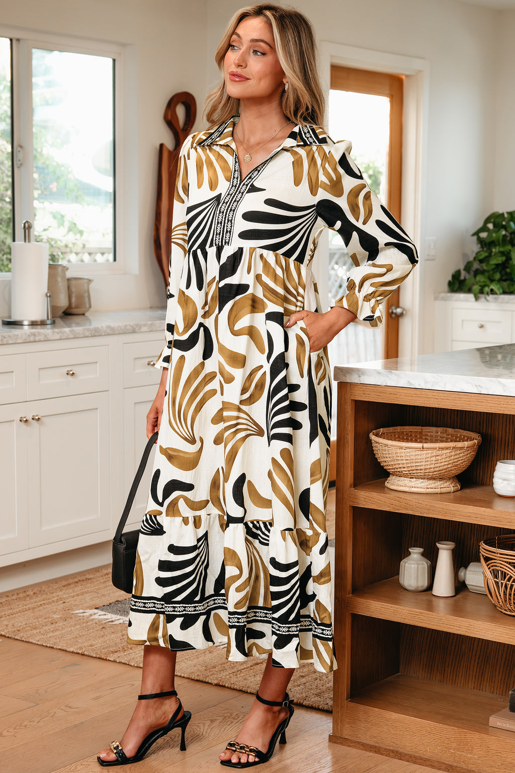 *Brown Tropical Printed Contrast Trim Neck Long Sleeve Ruffle Hem Dress