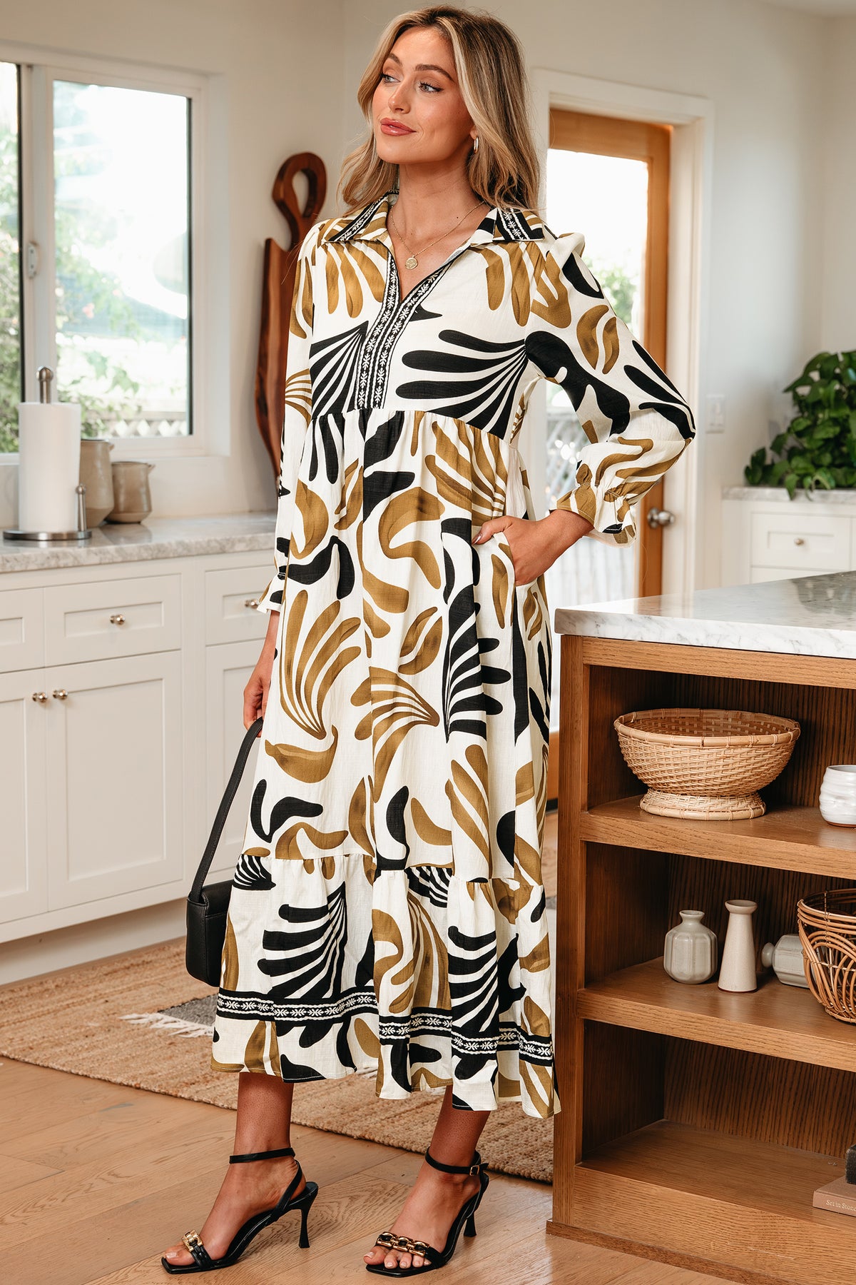 *Brown Tropical Printed Contrast Trim Neck Long Sleeve Ruffle Hem Dress