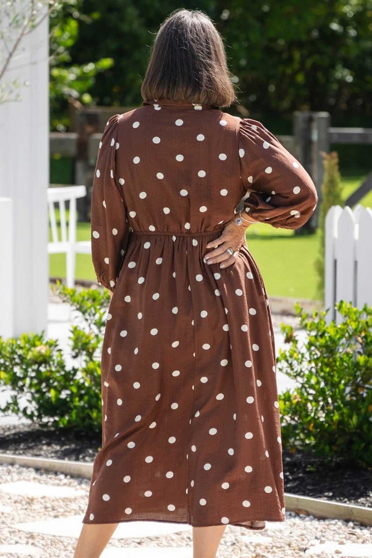*Brown Polka Dot V Neck Abdomen Pocket Gathered Cuffs Long Sleeve Shift Plus Size Dress