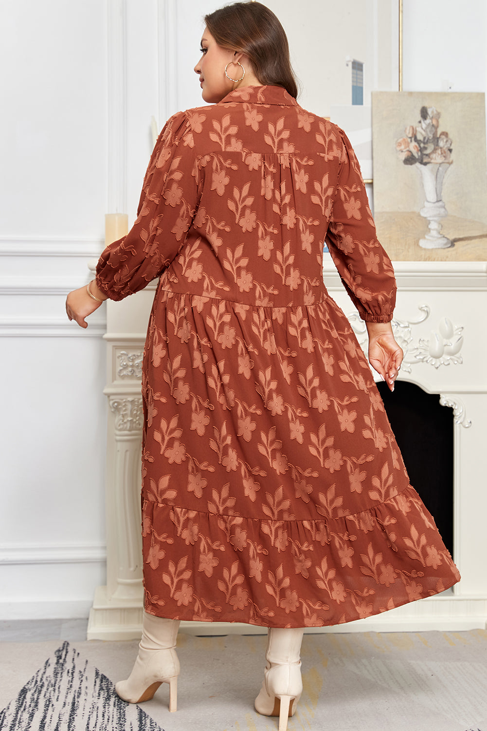 *Cinnamon Plus Size Textured 3D Flower Pattern Ruffle Hem 3/4 Sleeve Long Dress