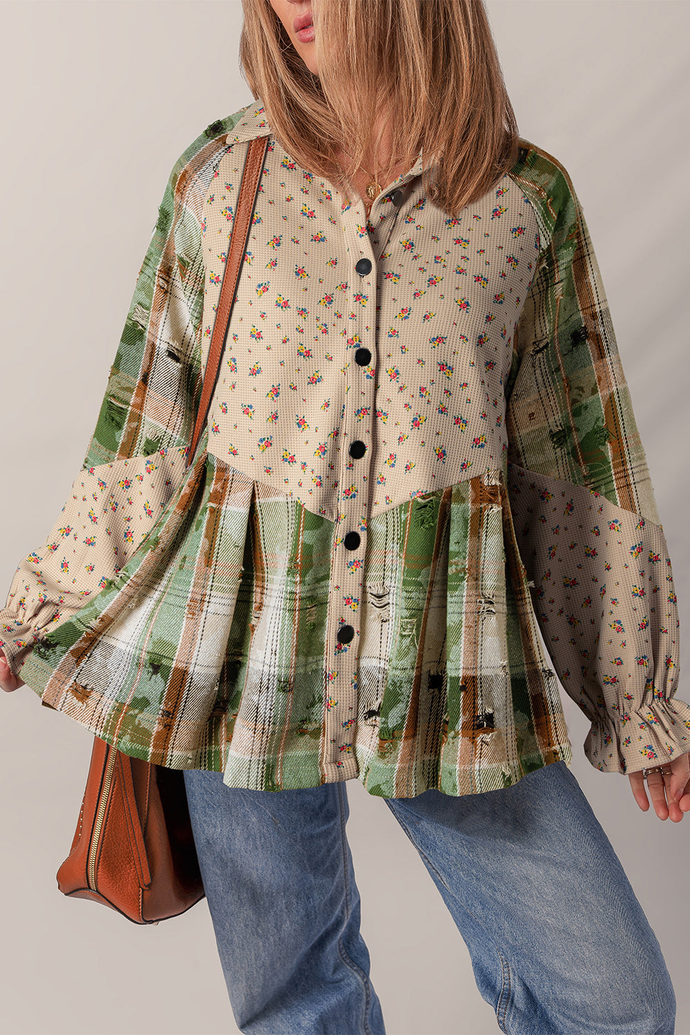 *Oatmeal Boho Floral Plaid Patchwork Distressed Detail Ruffled Sleeve Waffle Knit Shacket