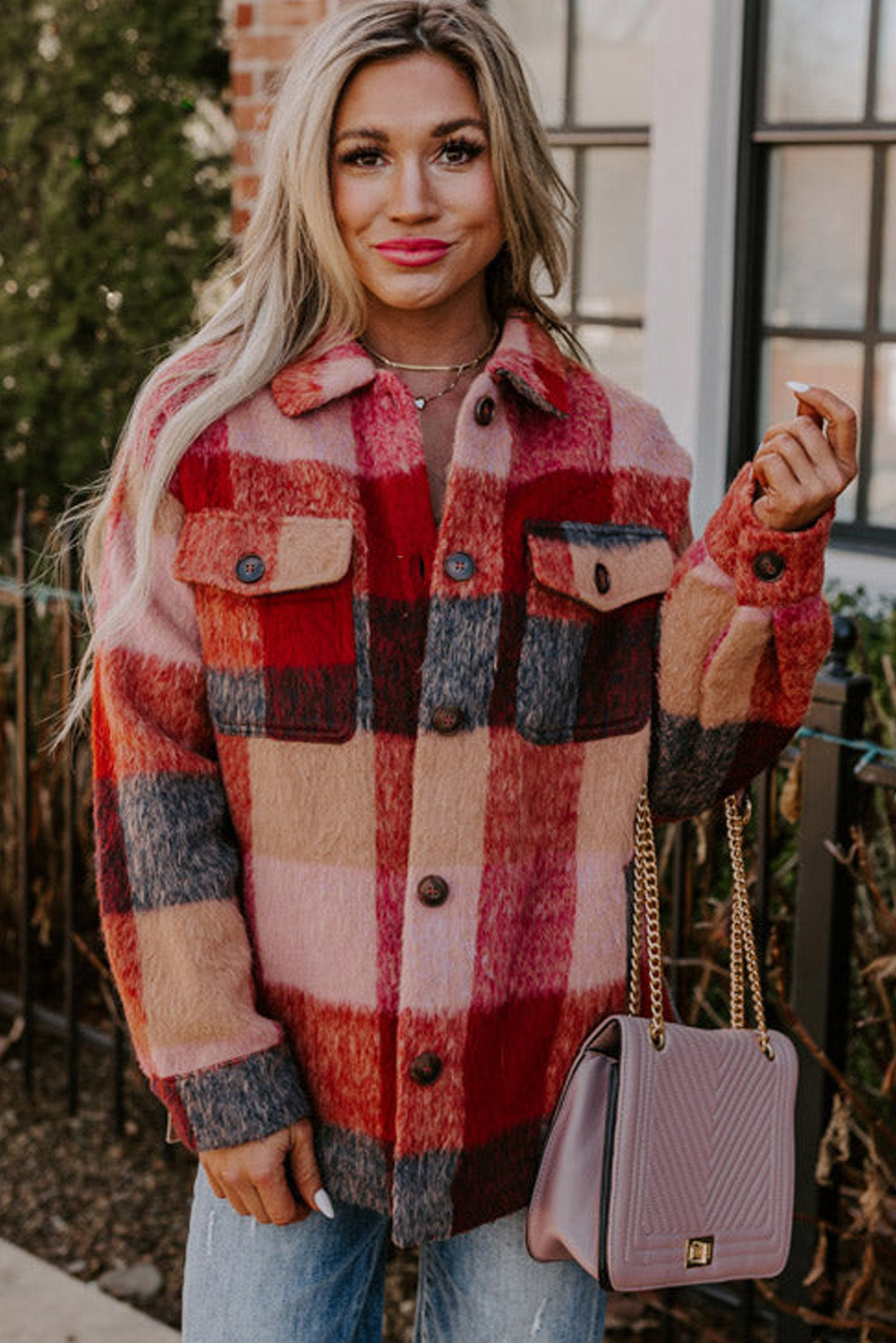 *Orange Plaid Print Flap Pockets Buttoned Casual Plus Size Jacket
