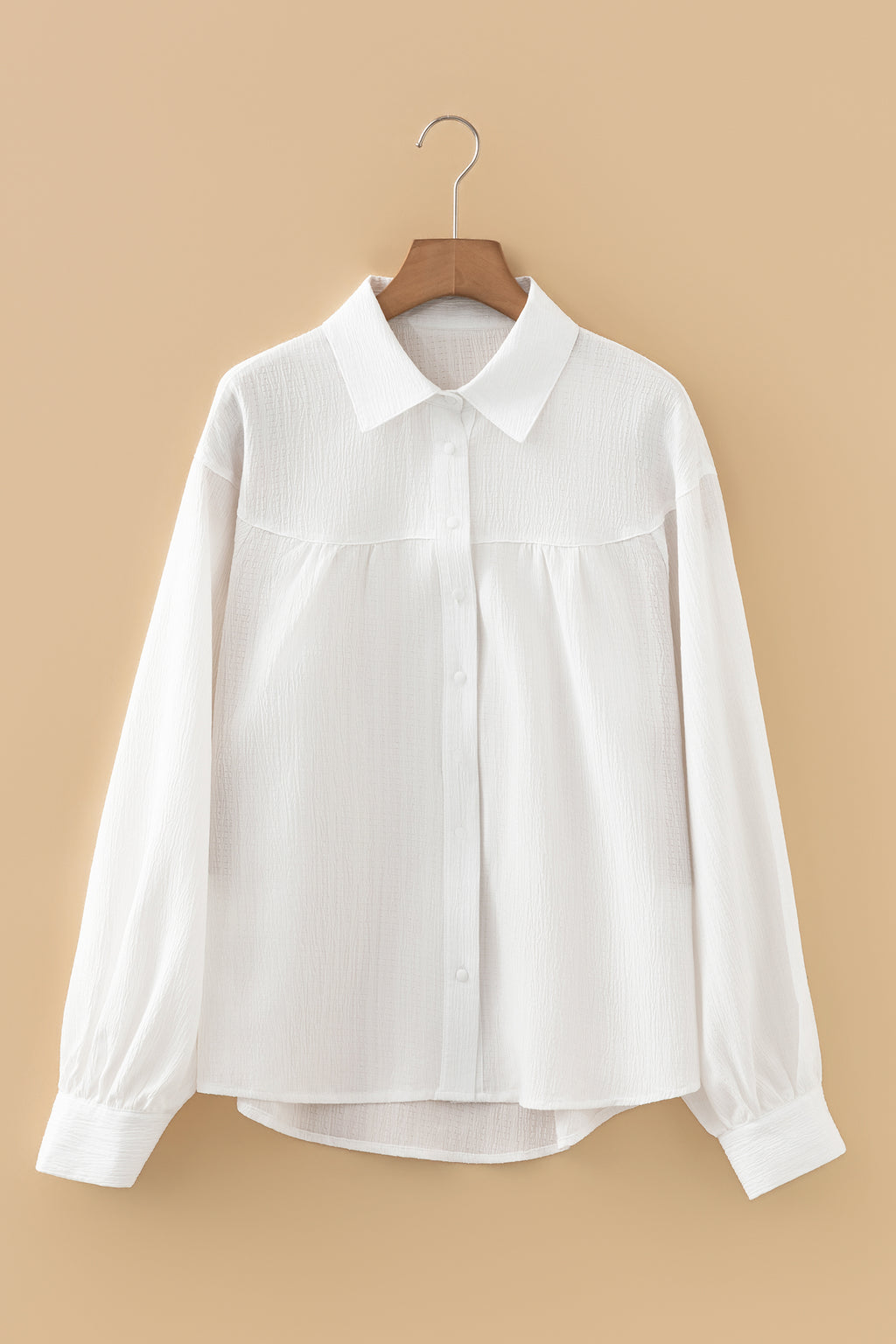 *White Crinkled Texture Lantern Sleeve Button Down Loose Shirt