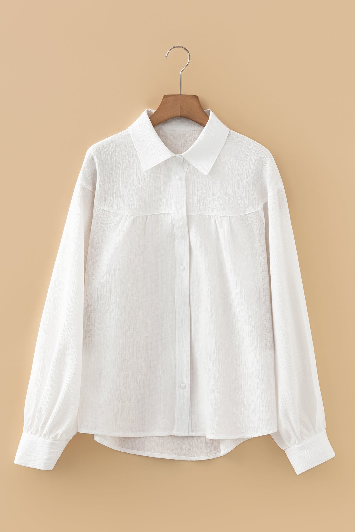 *White Crinkled Texture Lantern Sleeve Button Down Loose Shirt