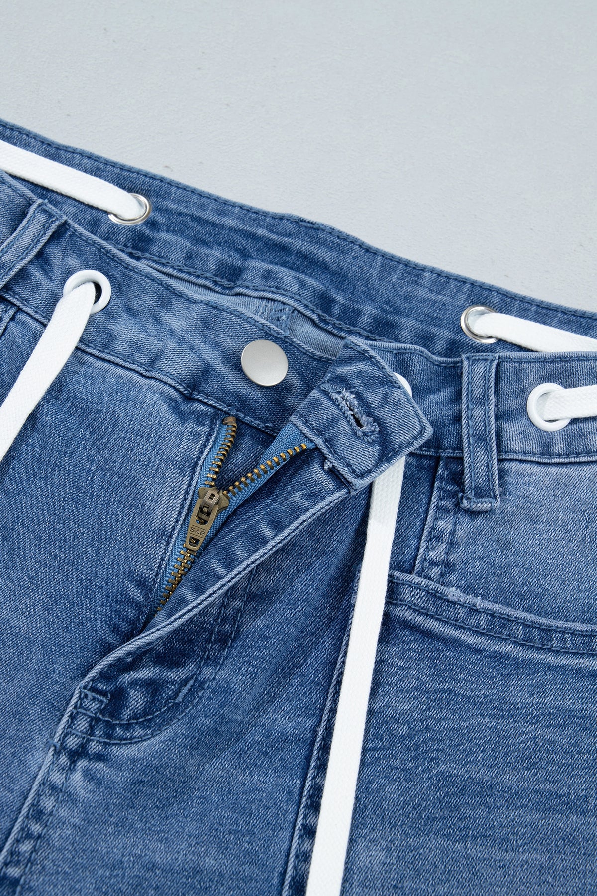 *Beau Blue Solid Patchwork Grommet Tie Waist Loose Ankle-Length Jeans