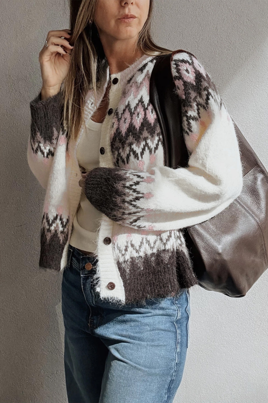 *White Geometric Pattern Brushed Knit Button Cardigan