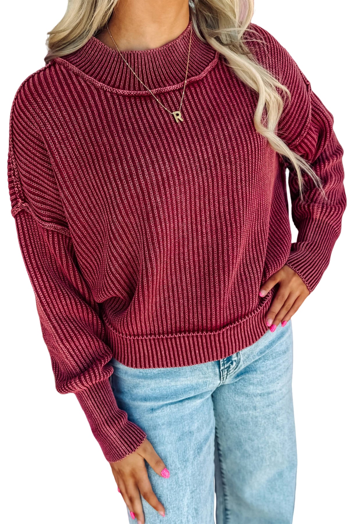 *Red Dahlia Drop Shoulder High Neck Ribbed Sweater