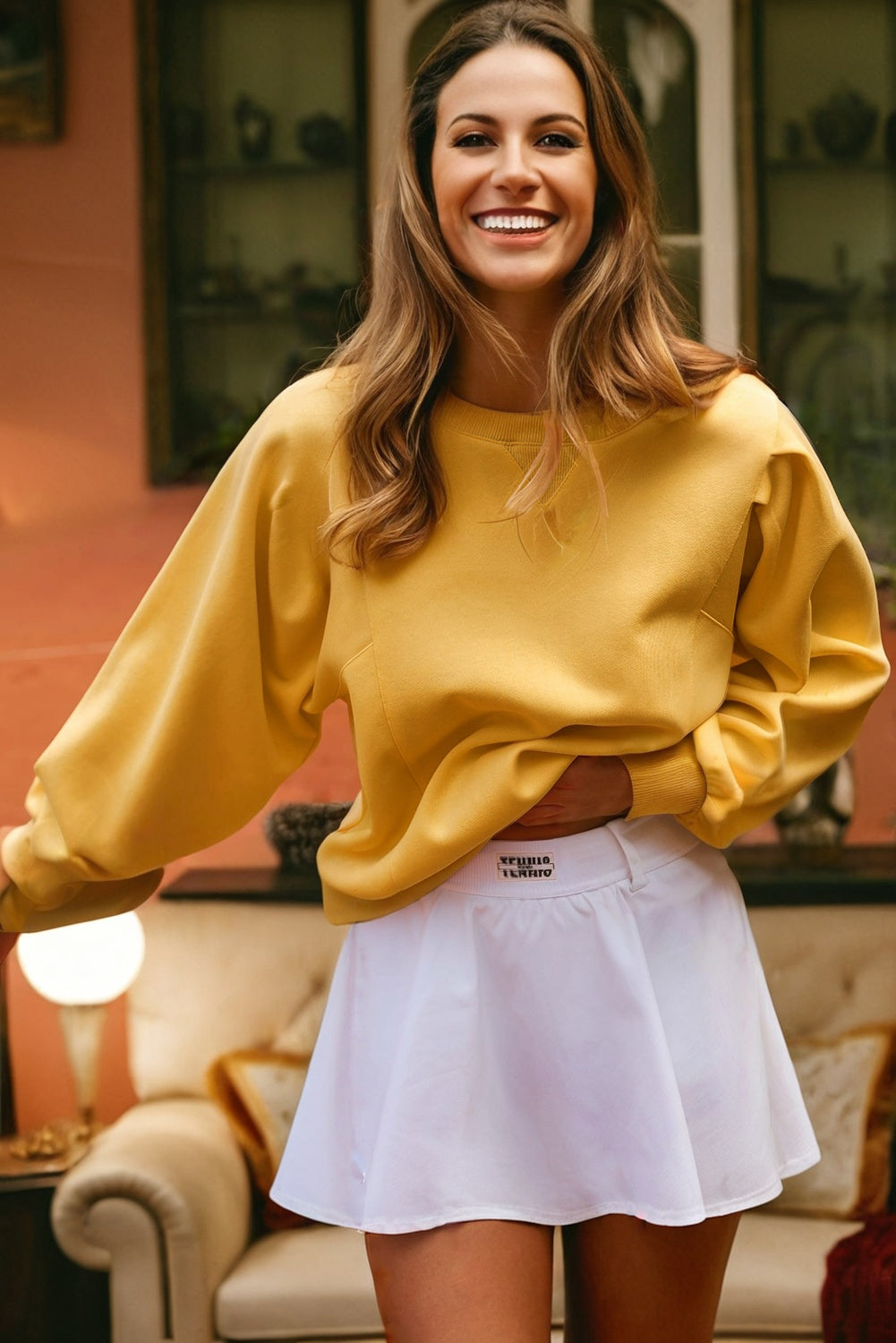 *Citrus Pleated Balloon Sleeve Pullover Solid Sweatshirt