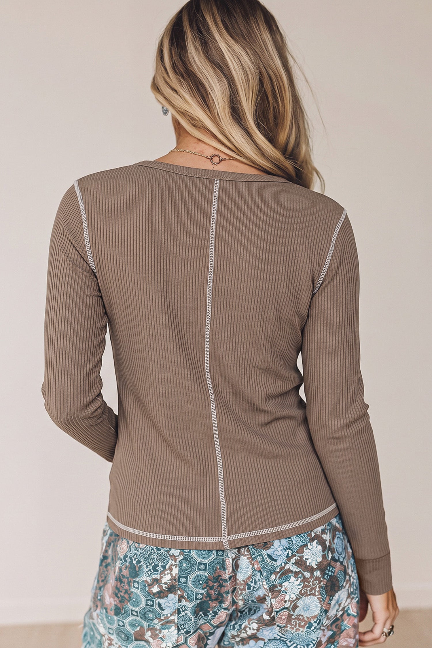 *Dark Khaki V Neck Ribbed Stitched Detail Long Sleeve Top