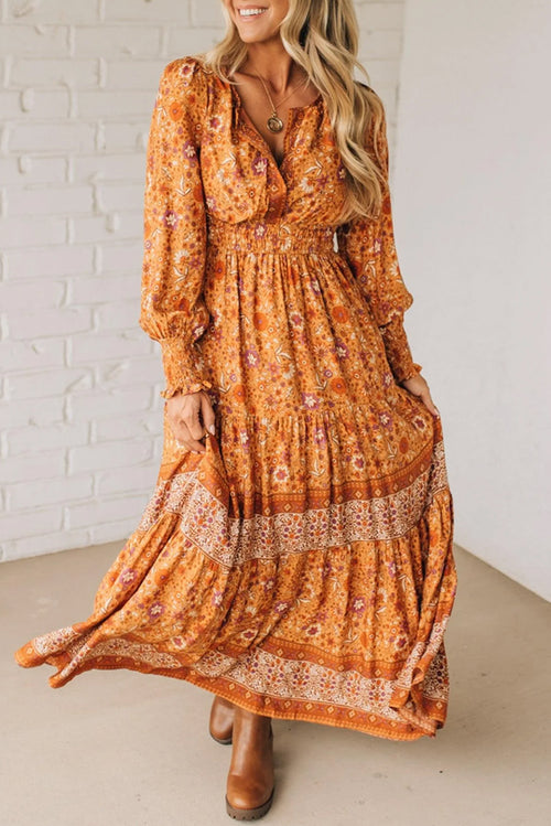 *Orange Floral Print Smocked Waist Long Sleeve Boho Maxi Dress