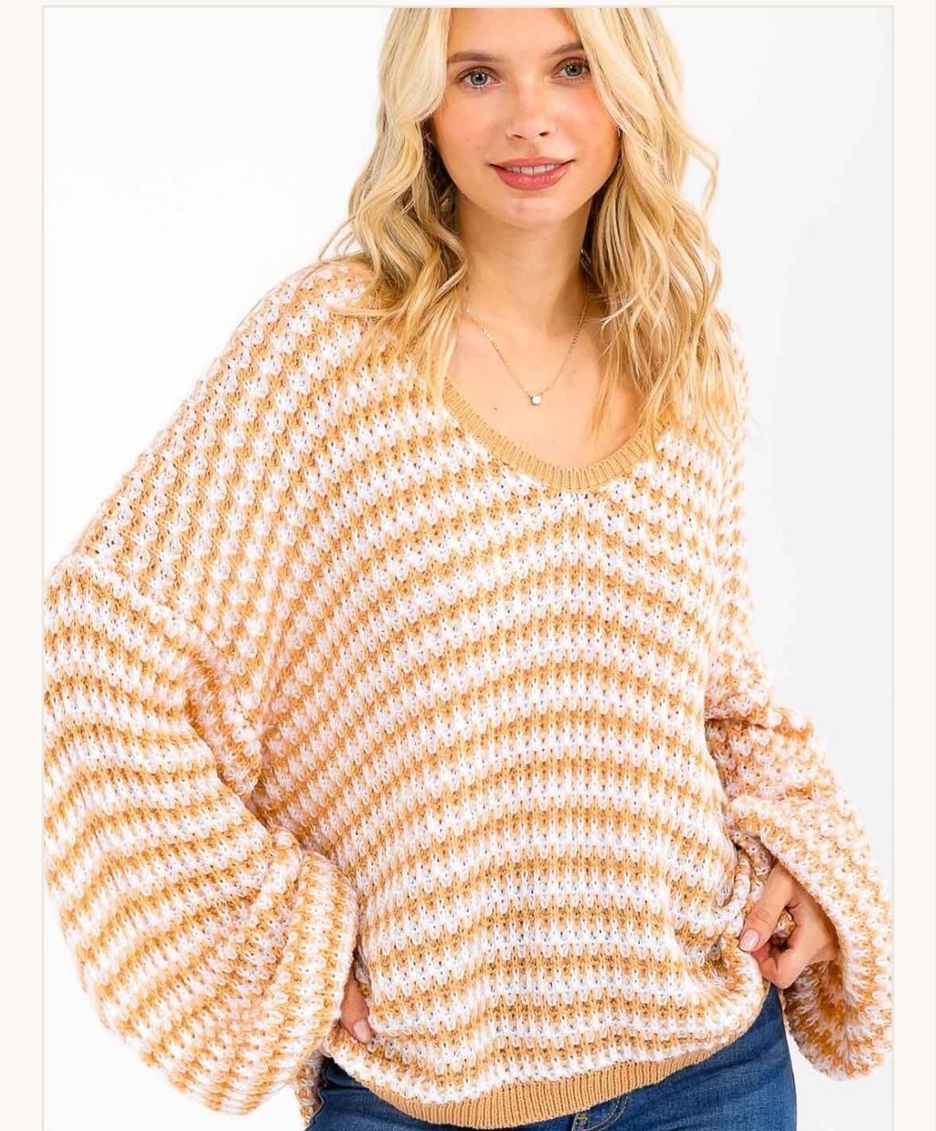 ~Long sleeve striped oversized v neck slouchy sweater